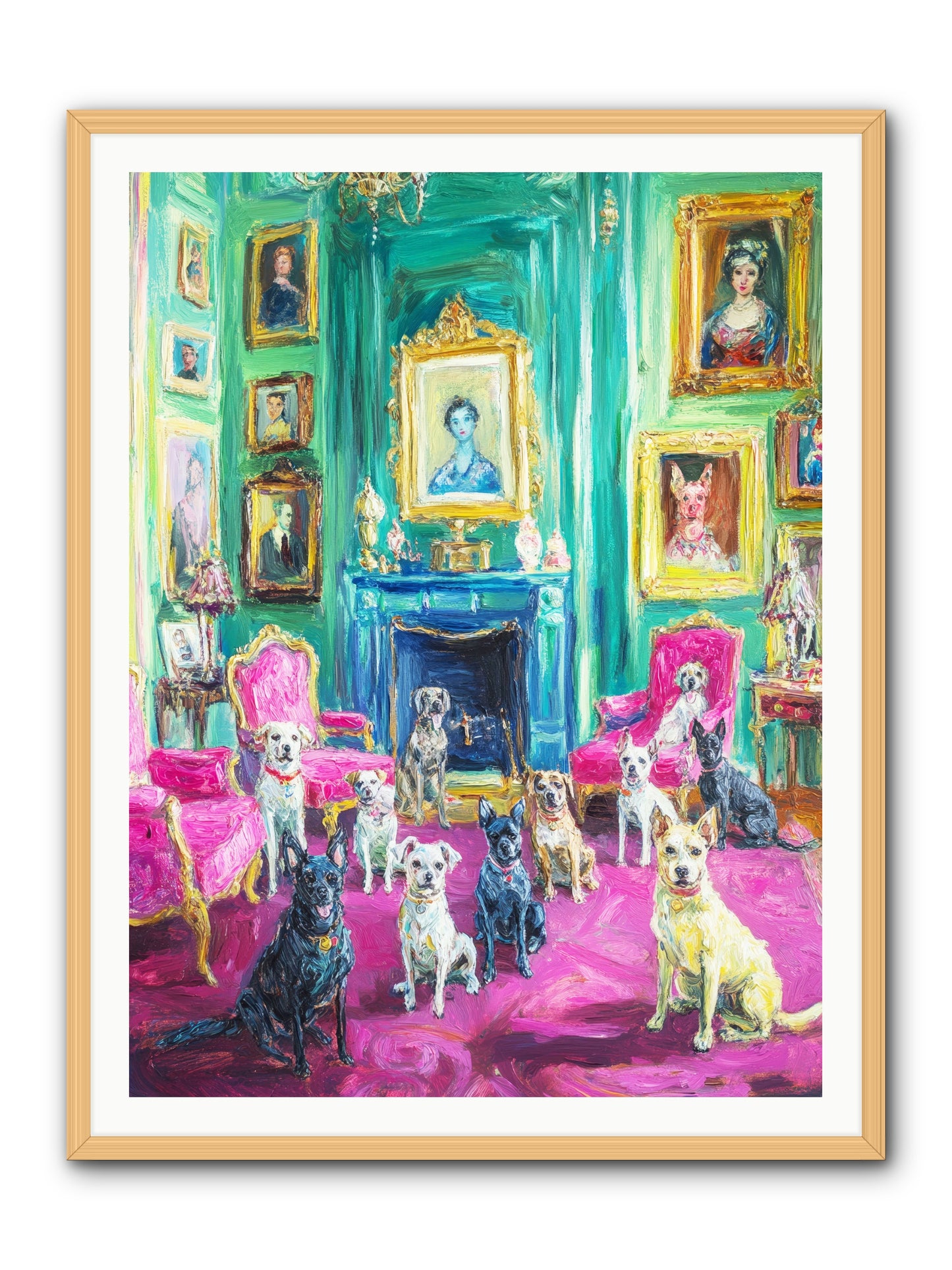 Parlor Dogs Taking Tea -- Framed Print - Natural 36x48