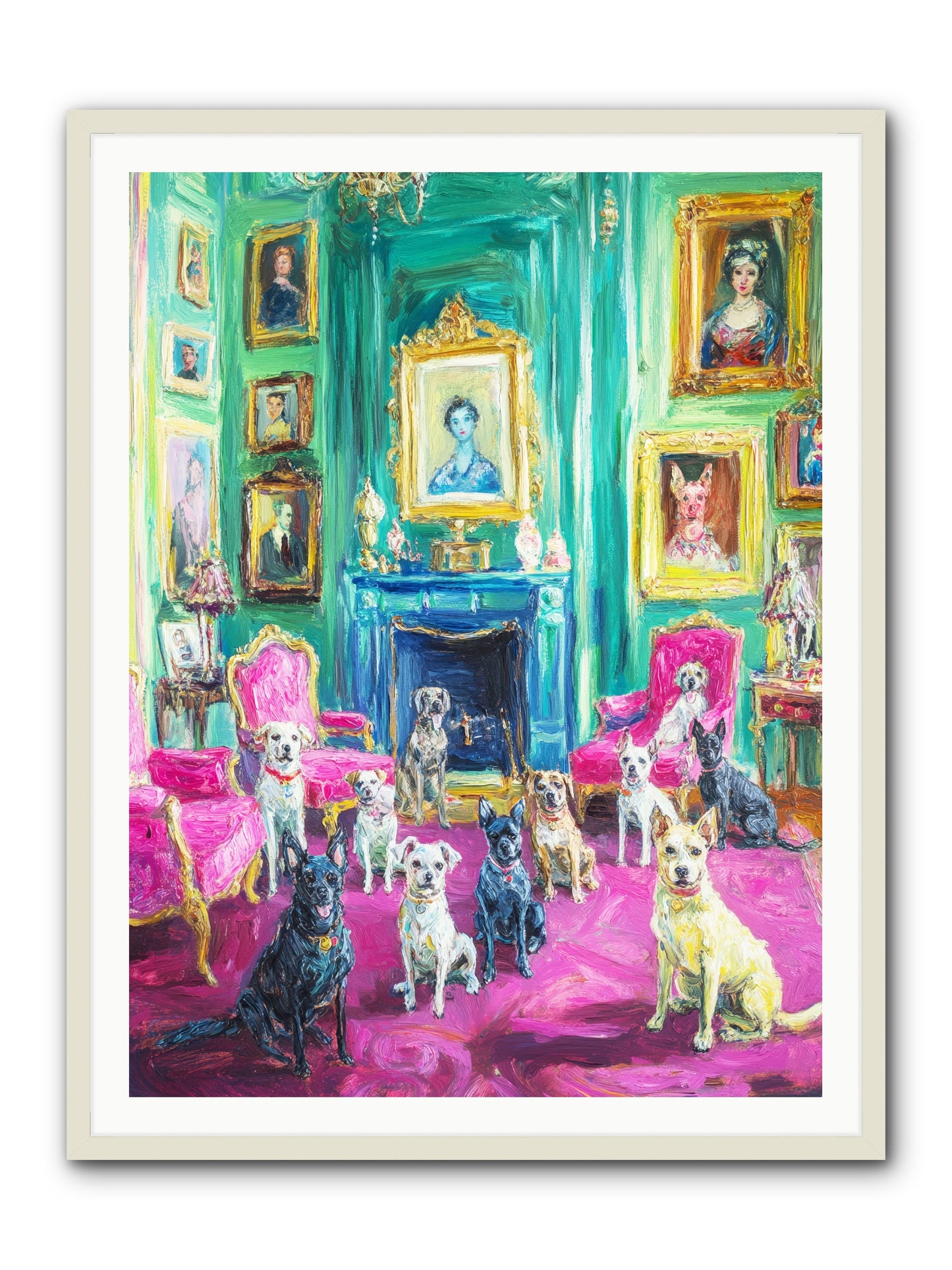 Parlor Dogs Taking Tea -- Framed Print - White 36x48
