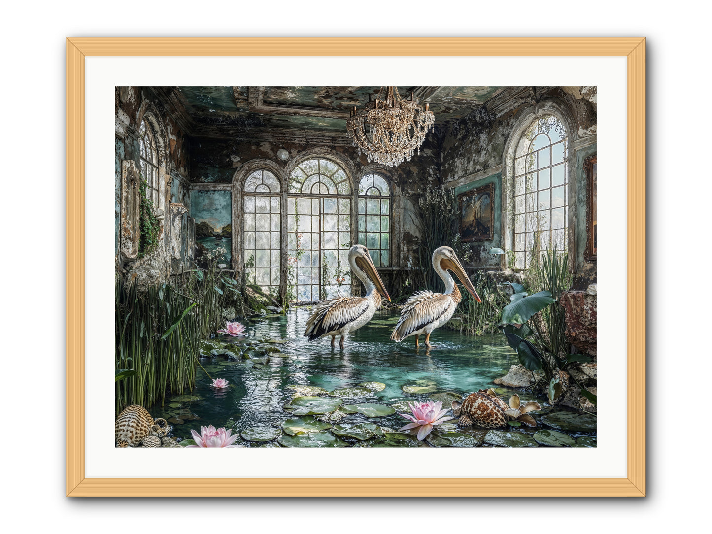 Pelicans Of The Grand Tour -- Framed Print - Natural 32x24