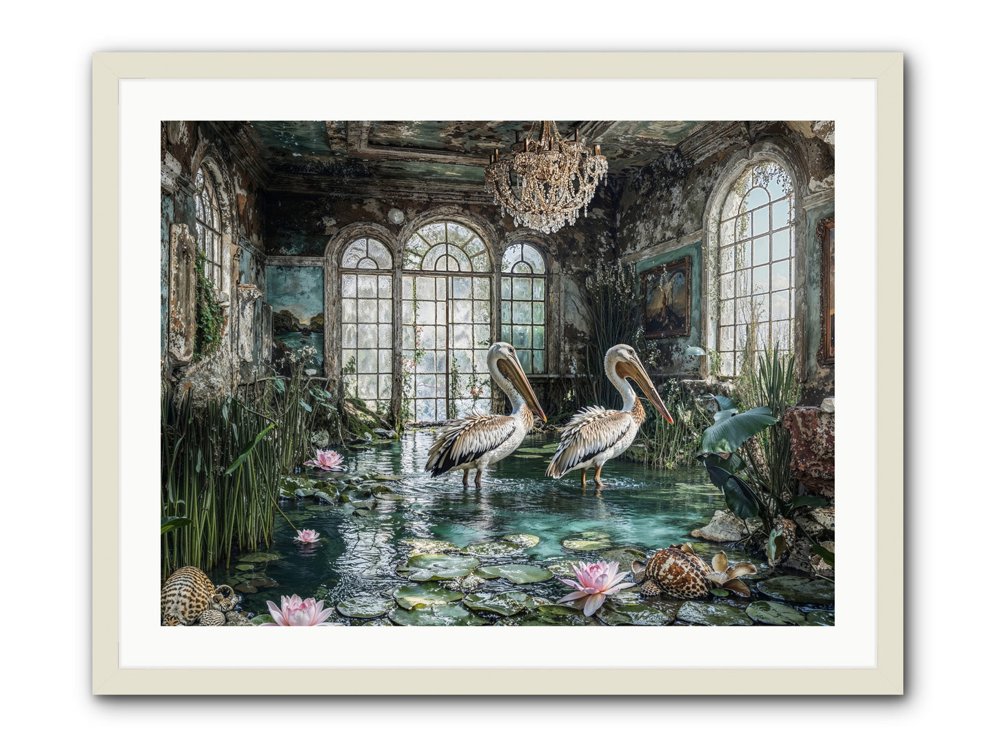 Pelicans Of The Grand Tour -- Framed Print - White 32x24