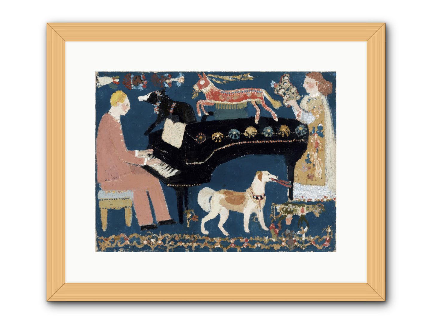 Playing Piano with wolves -- Framed Print - Natural 16x12