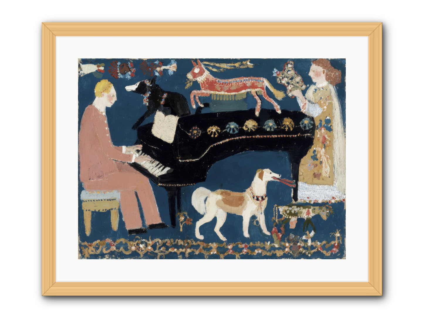 Playing Piano with wolves -- Framed Print - Natural 24x18
