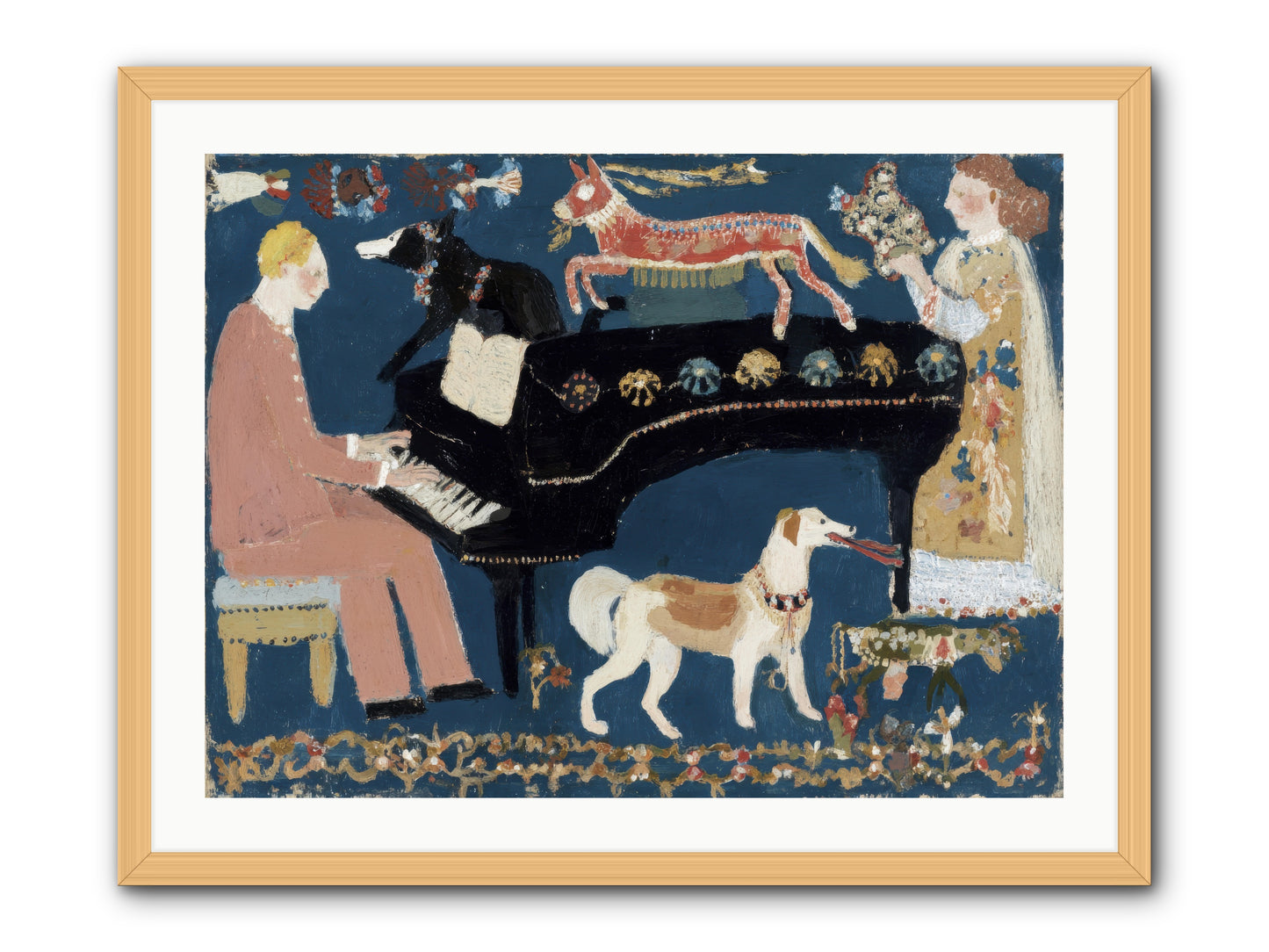 Playing Piano with wolves -- Framed Print - Natural 32x24