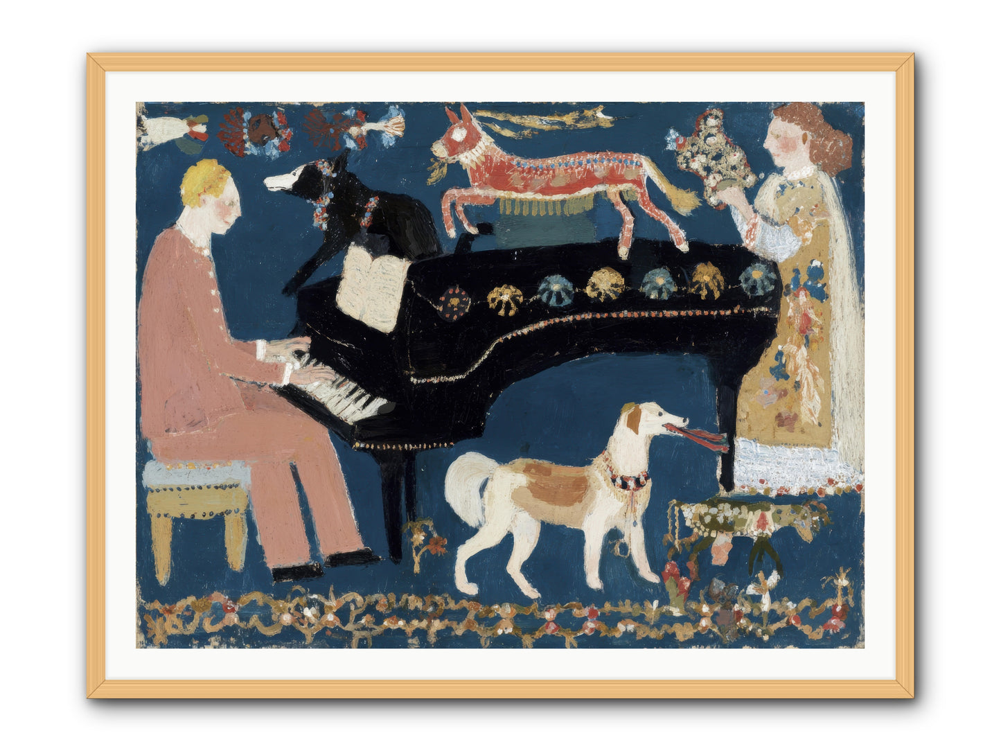 Playing Piano with wolves -- Framed Print - Natural 48x36