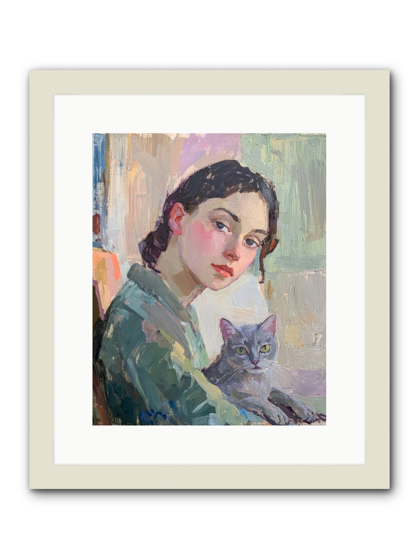 Portrait With Purring -- Framed Print - White 12x15