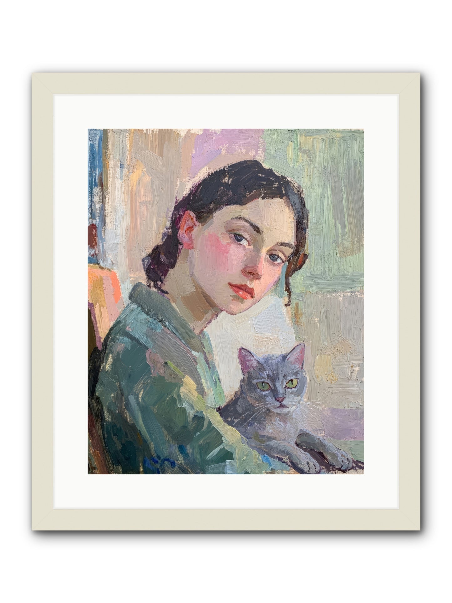 Portrait With Purring -- Framed Print - White 16x20