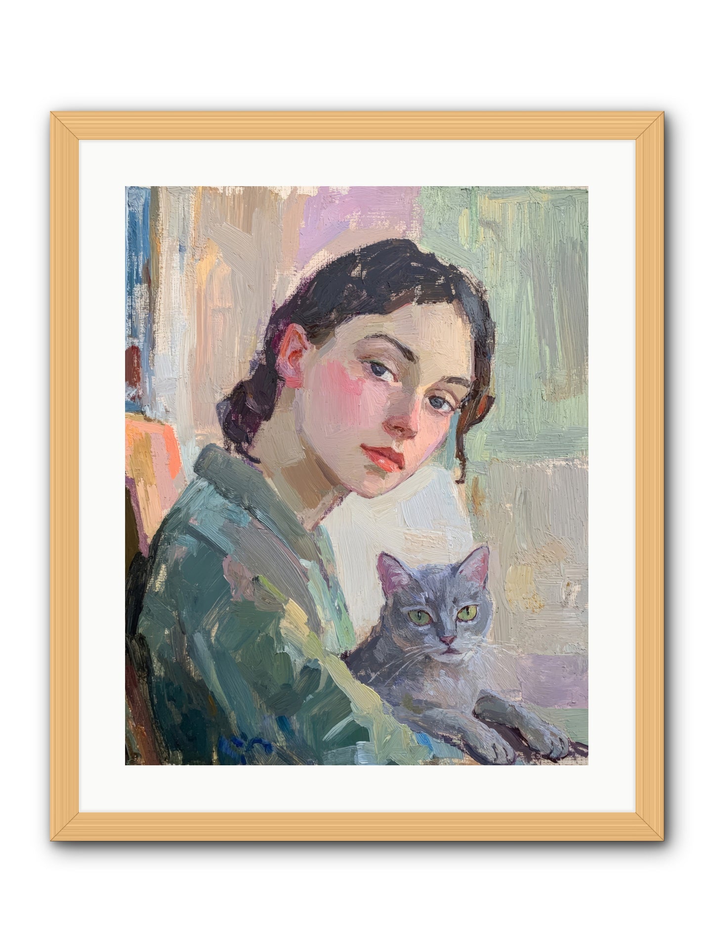 Portrait With Purring -- Framed Print - Natural 20x25