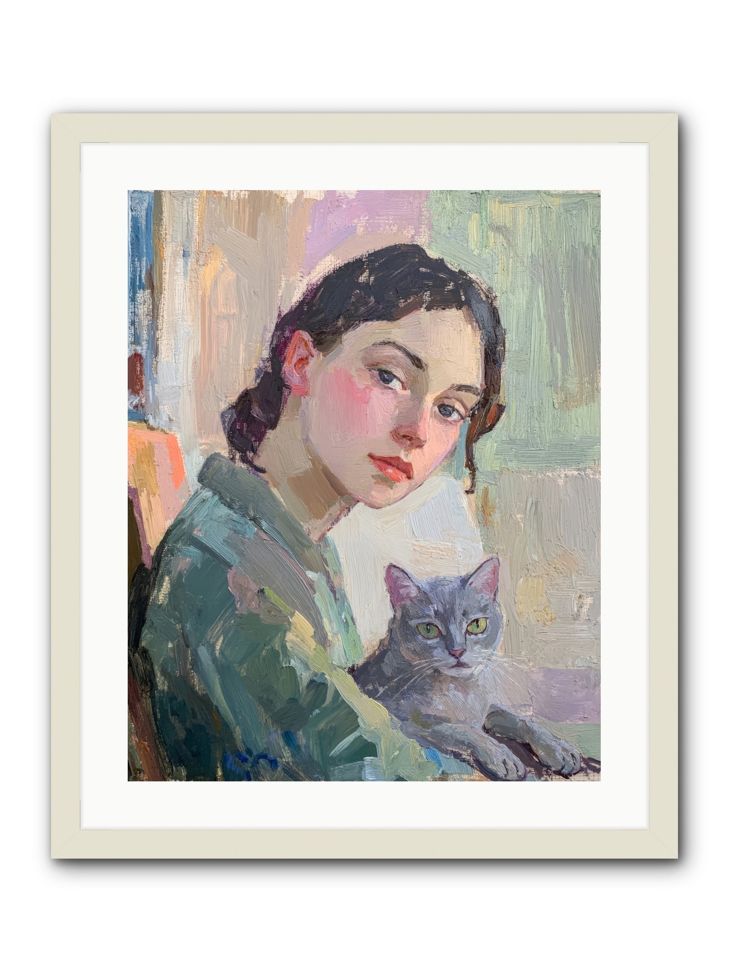 Portrait With Purring -- Framed Print - White 20x25