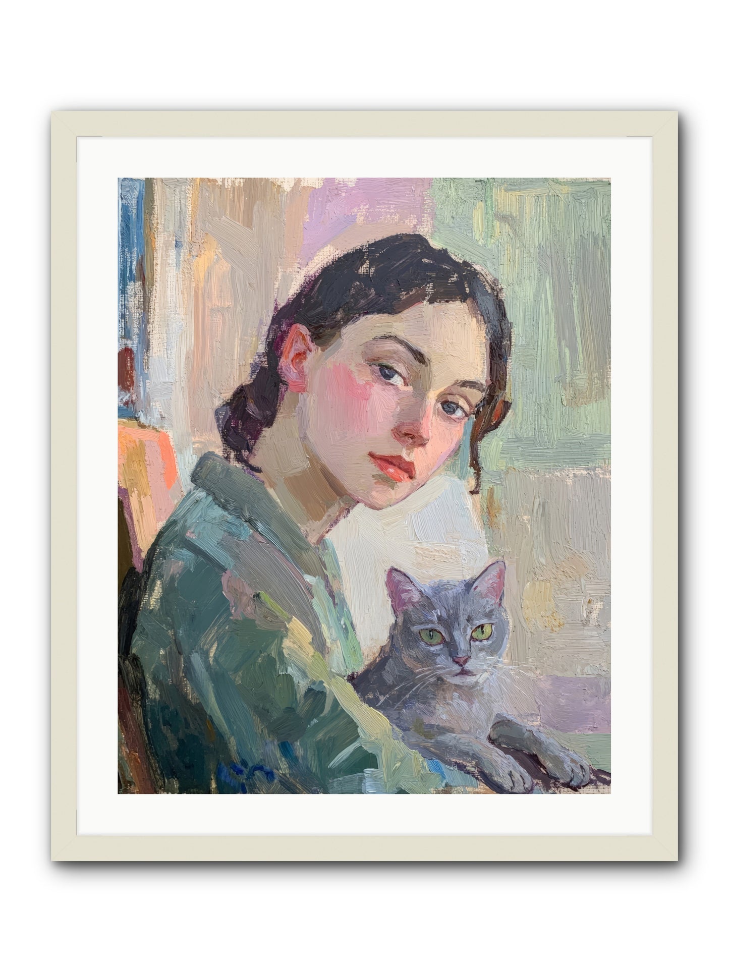 Portrait With Purring -- Framed Print - White 24x30
