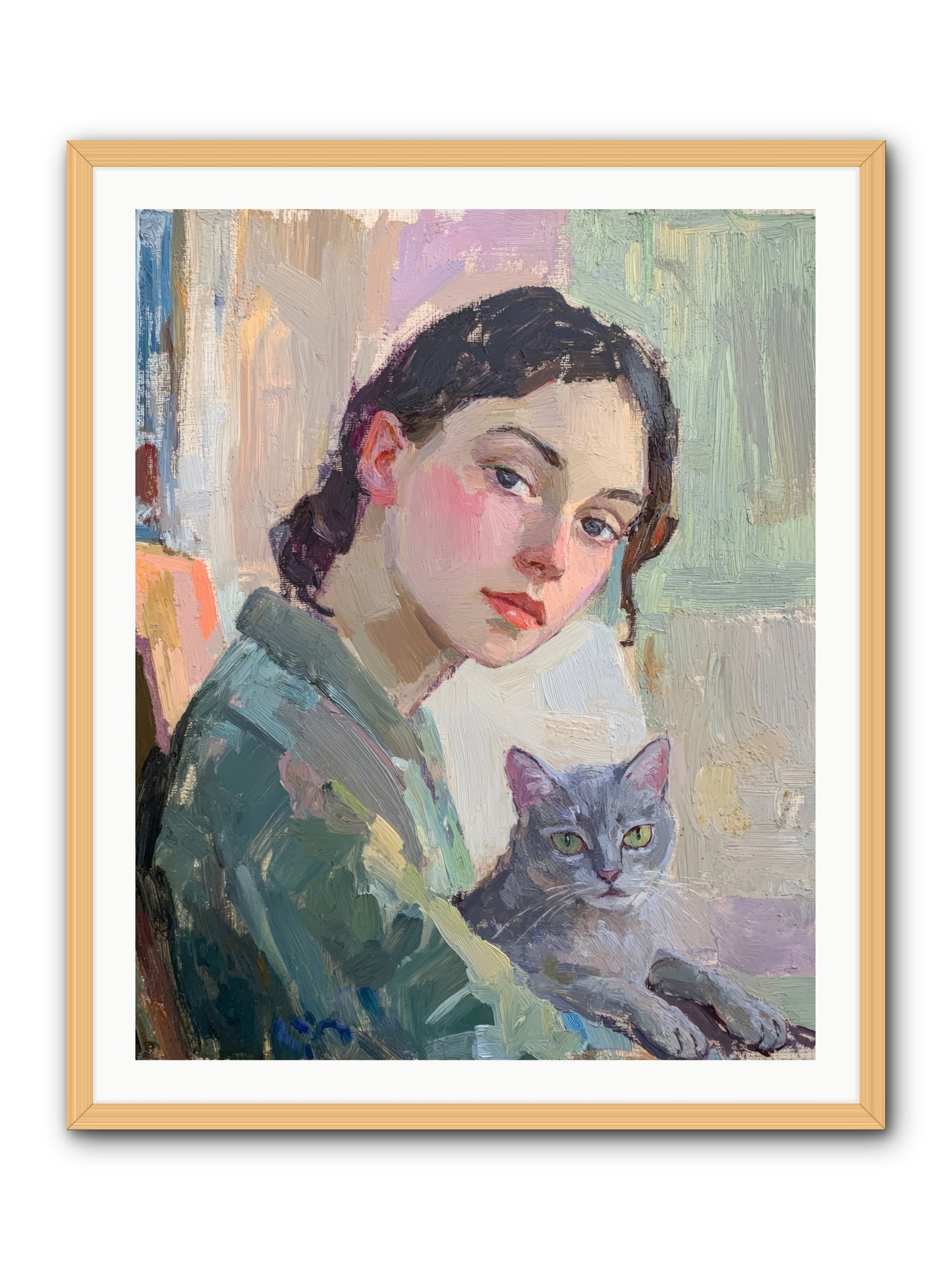 Portrait With Purring -- Framed Print - Natural 32x40
