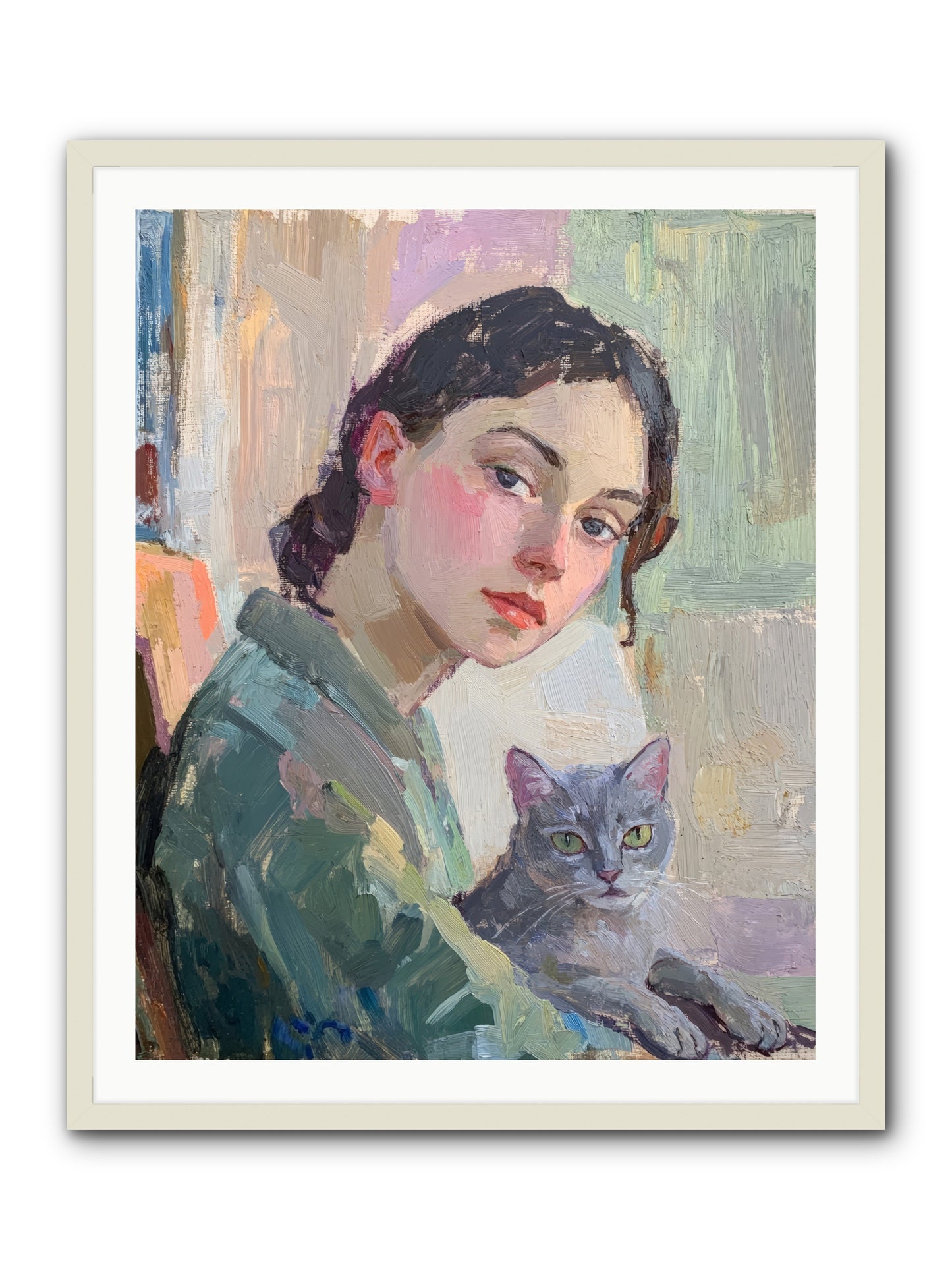 Portrait With Purring -- Framed Print - White 32x40