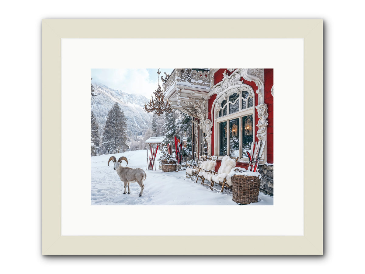 Schnitzel & Sherry Chalet No.3 -- Framed Print - White 12x9