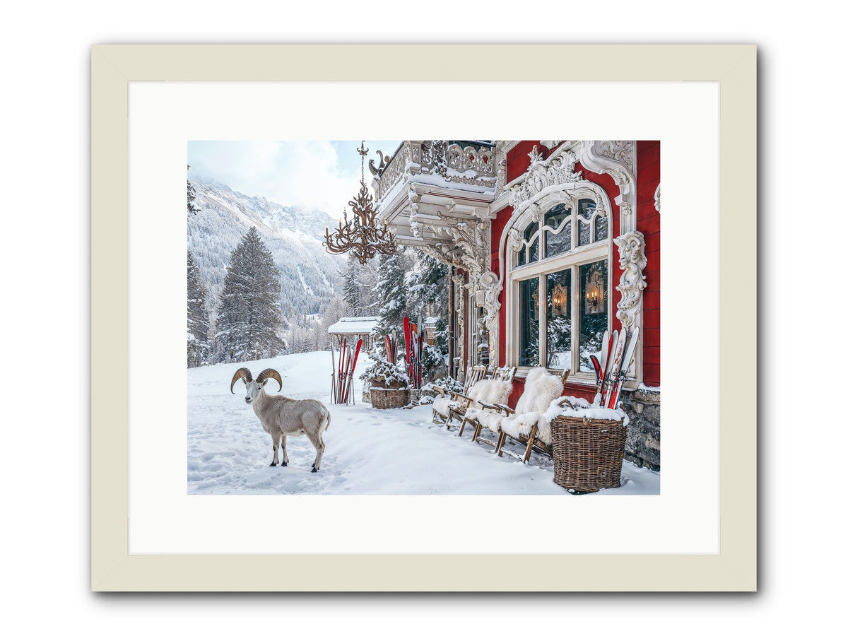 Schnitzel & Sherry Chalet No.3 -- Framed Print - White 16x12