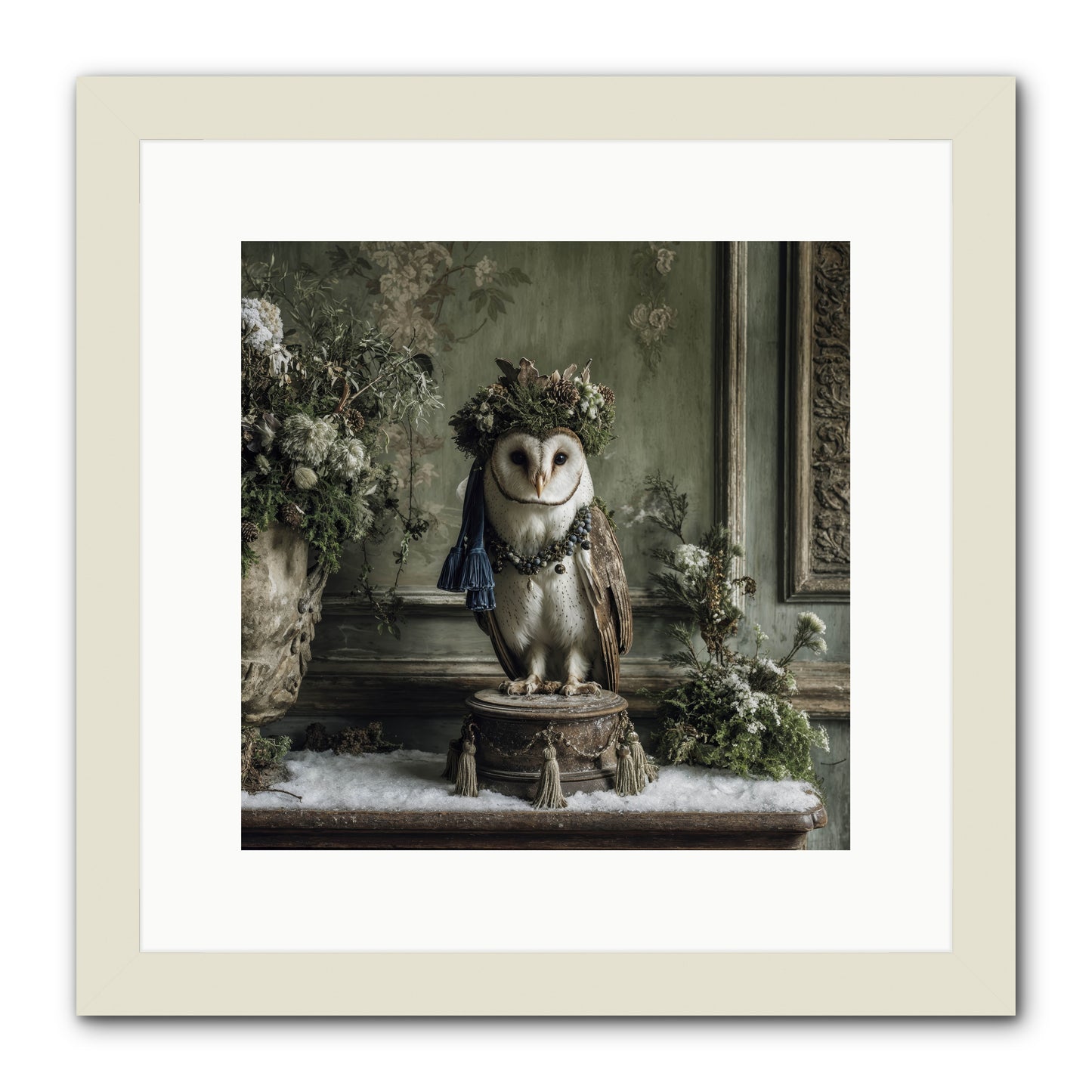 Snowfall Sentinel -- Framed Print - White 12x12