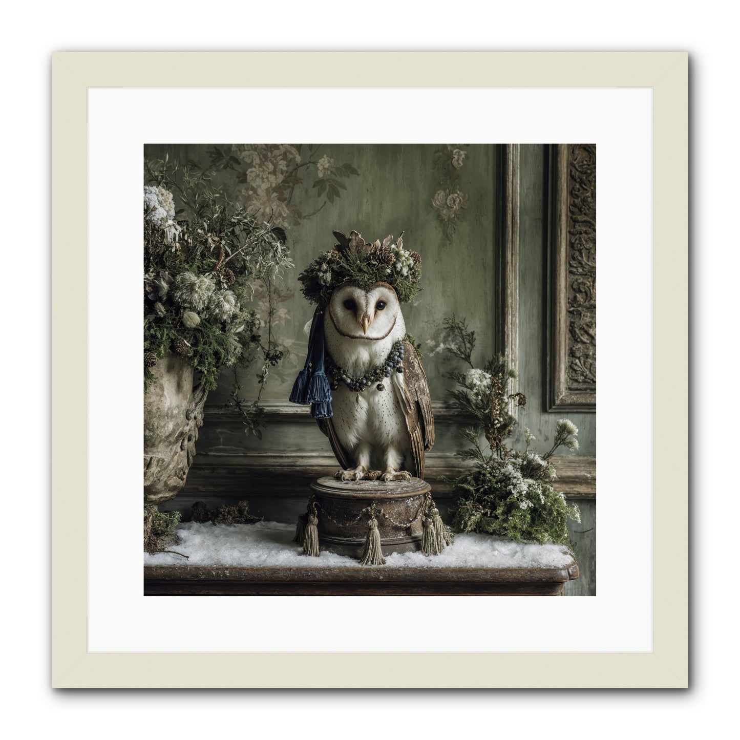 Snowfall Sentinel -- Framed Print - White 16x16