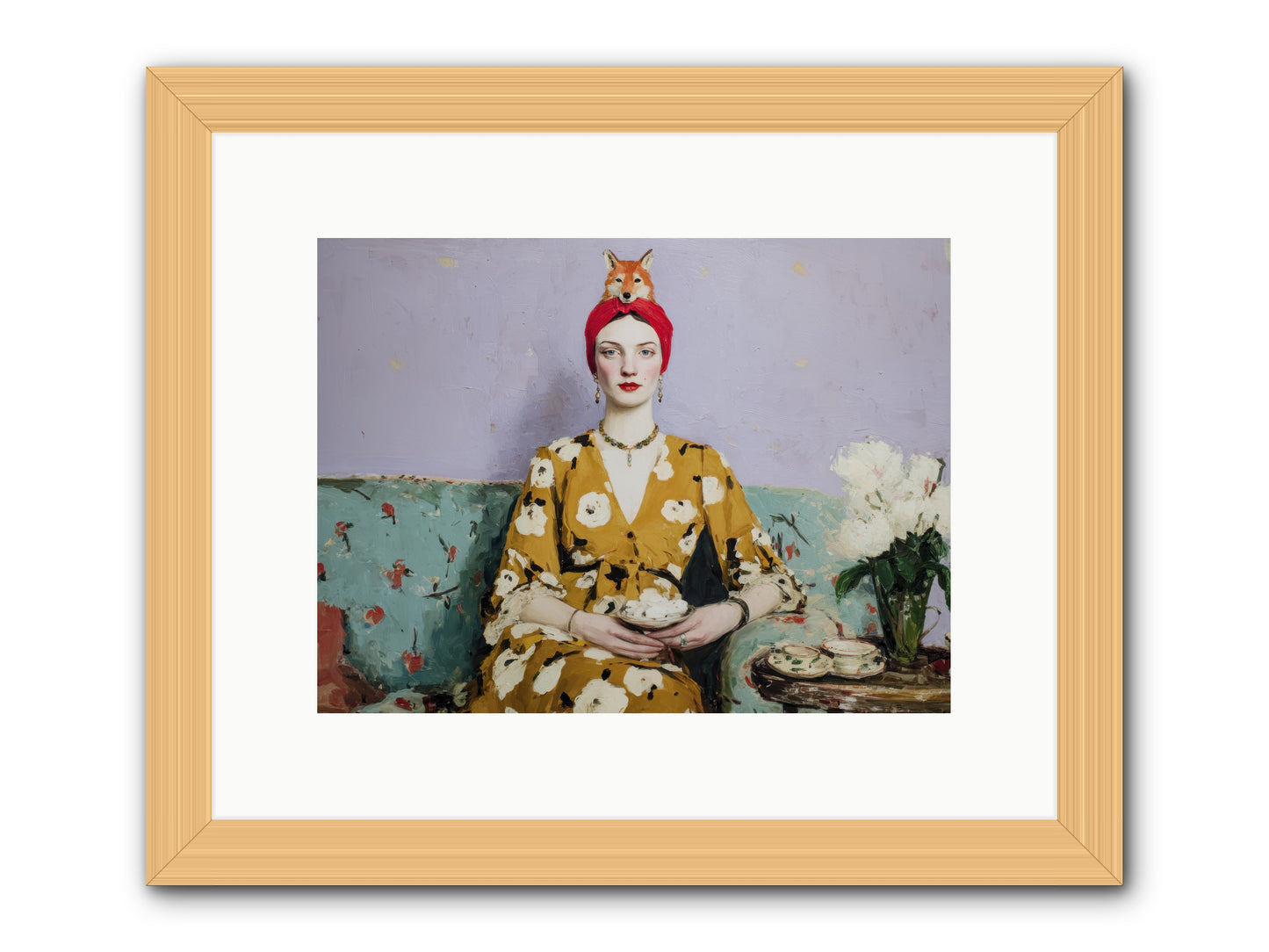 Tea with the Fox -- Framed Print - Natural 12x9