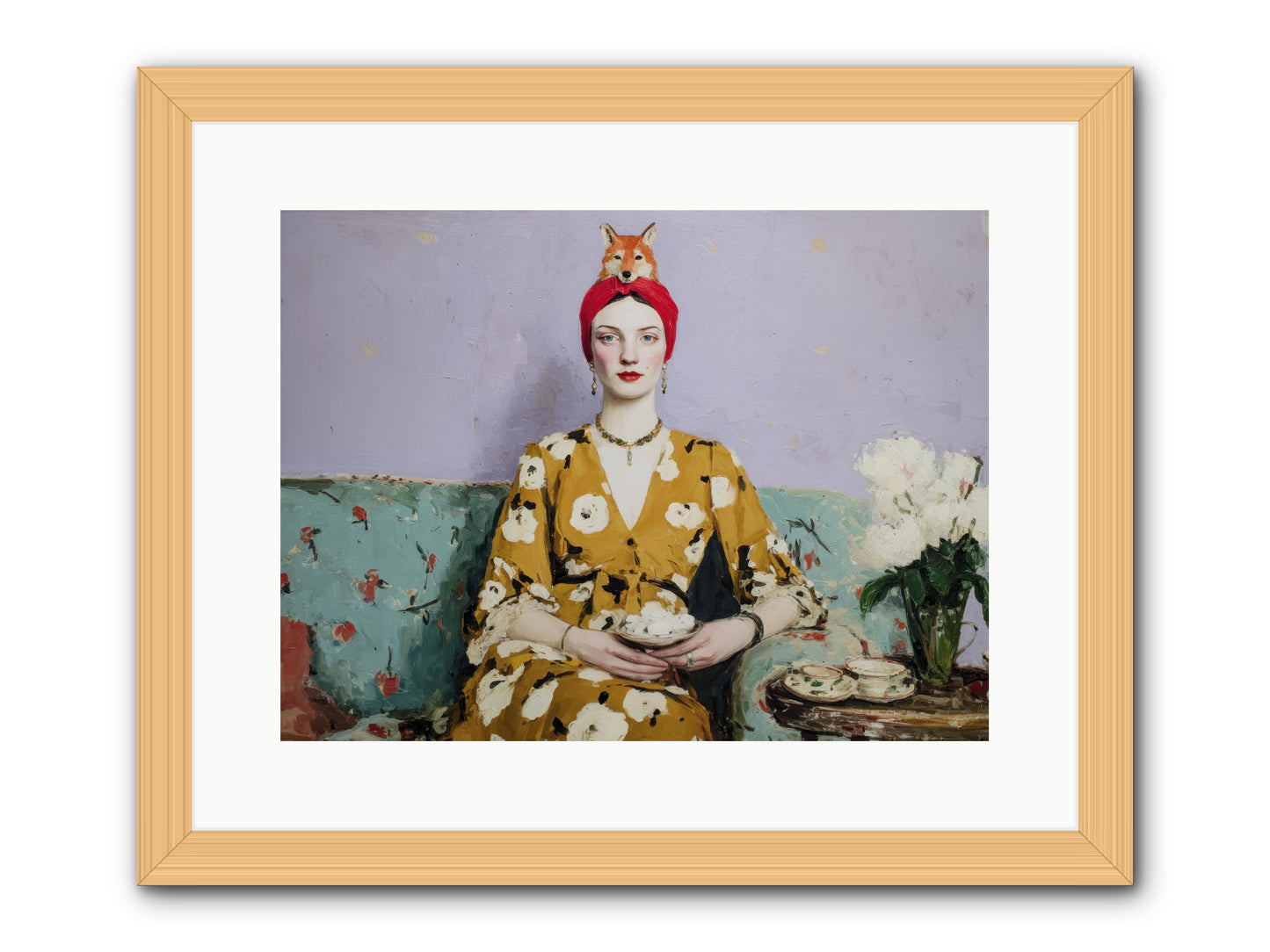 Tea with the Fox -- Framed Print - Natural 16x12