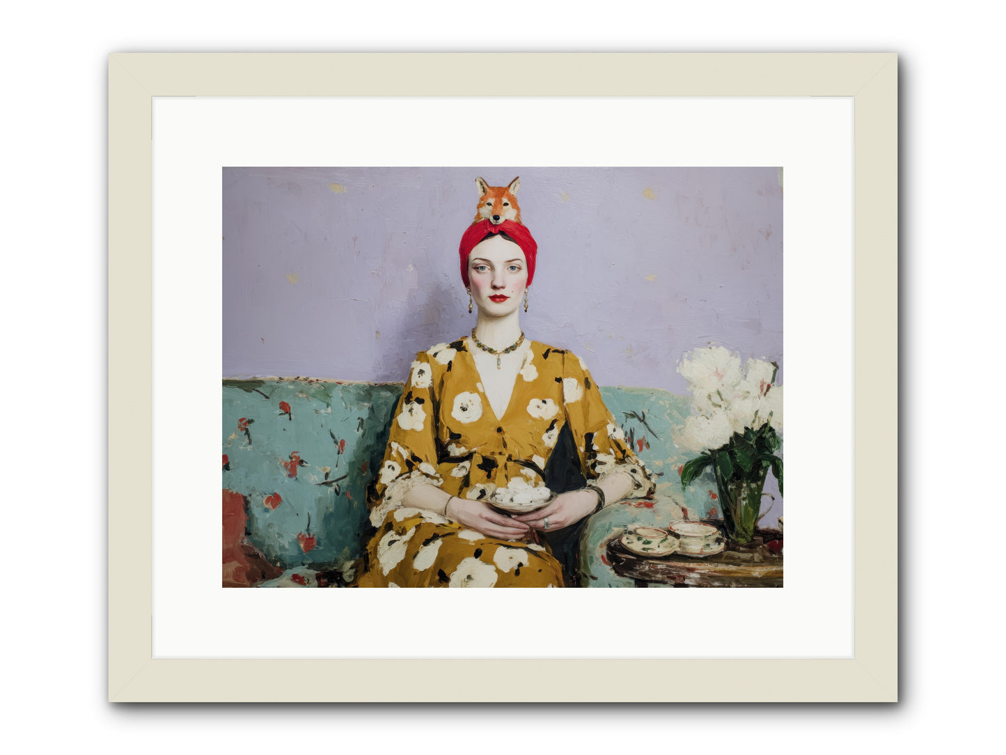 Tea with the Fox -- Framed Print - White 16x12