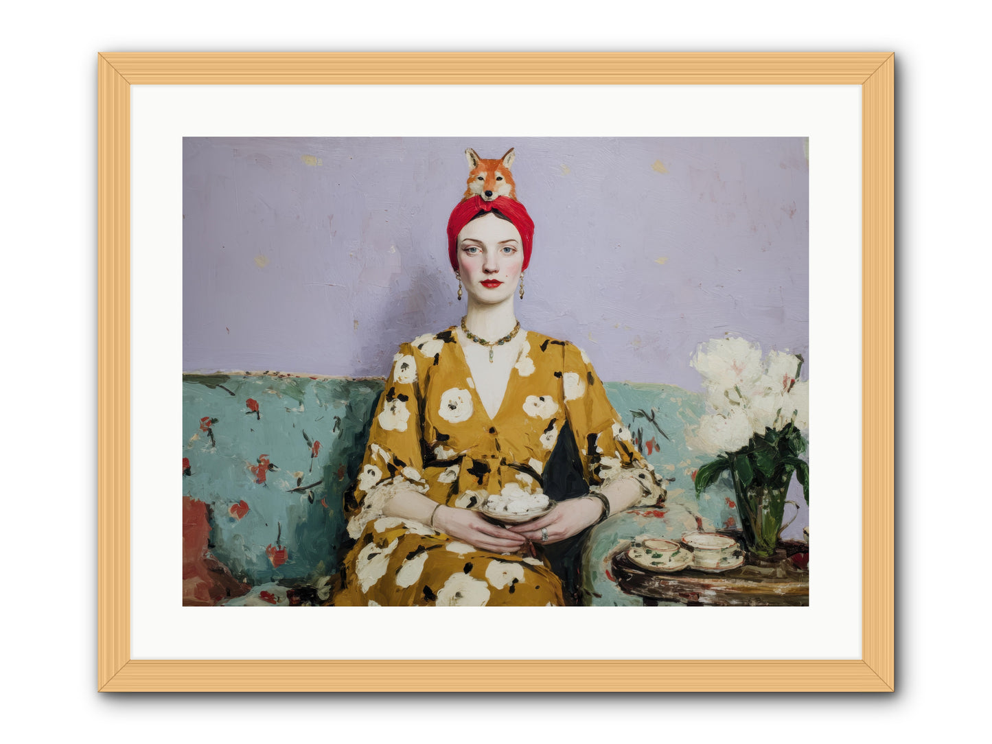 Tea with the Fox -- Framed Print - Natural 24x18