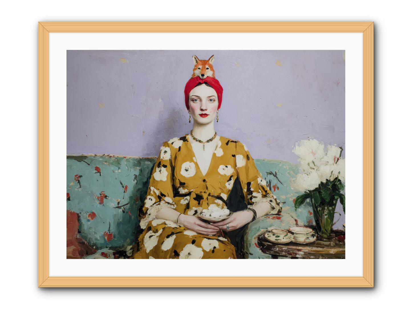 Tea with the Fox -- Framed Print - Natural 32x24