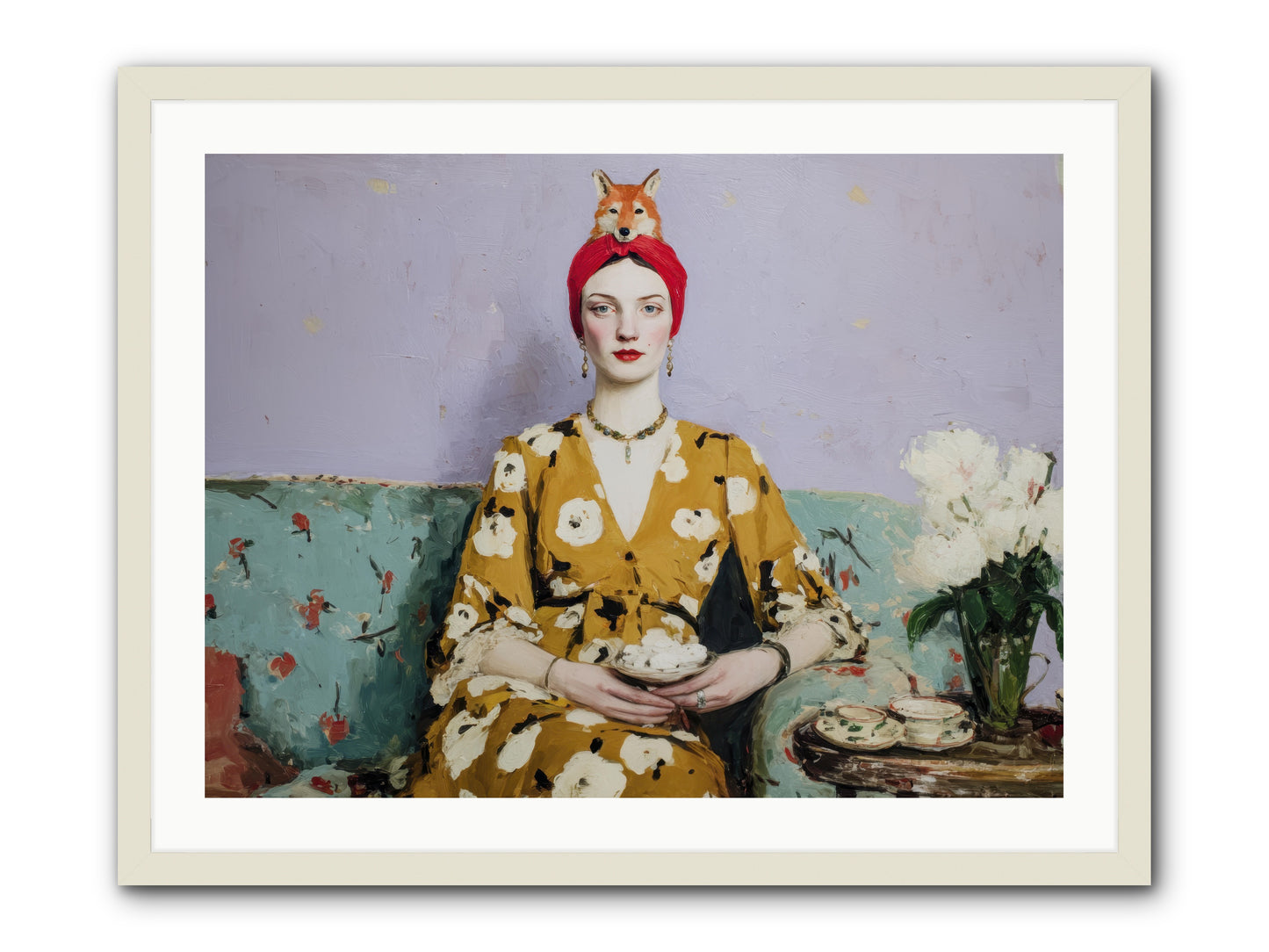 Tea with the Fox -- Framed Print - White 32x24