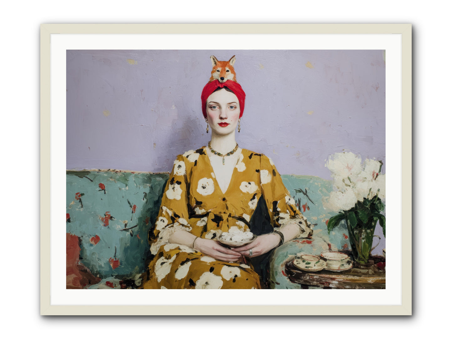 Tea with the Fox -- Framed Print - White 40x30