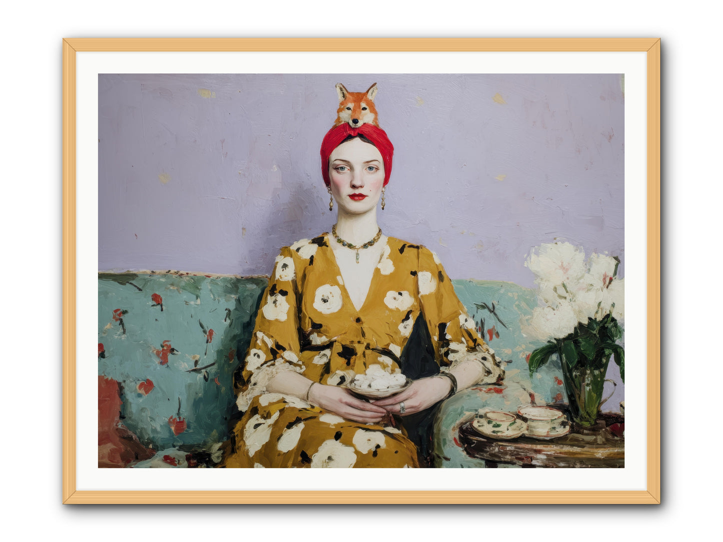 Tea with the Fox -- Framed Print - Natural 48x36