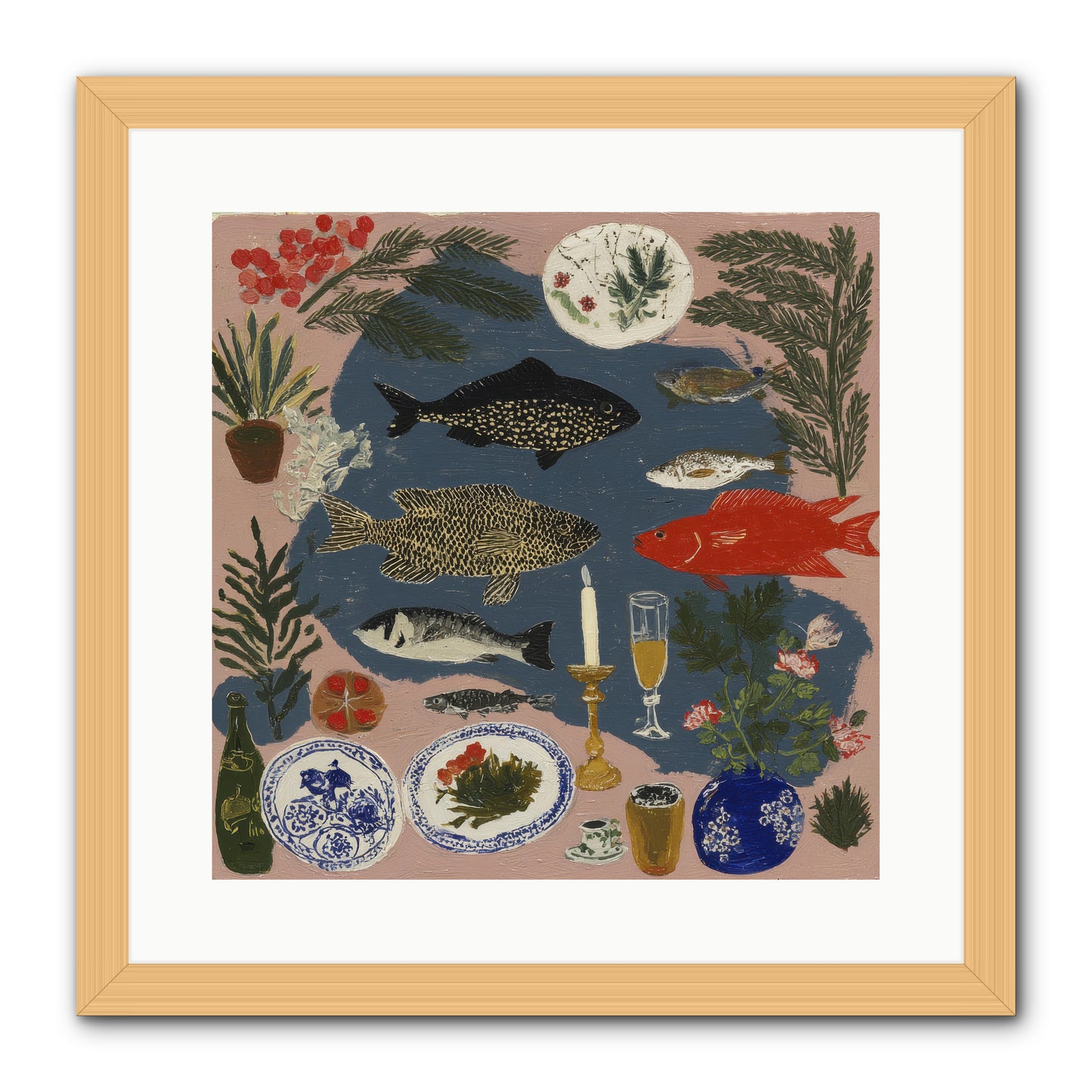 The Underwater Supper -- Framed Print - Natural 16x16