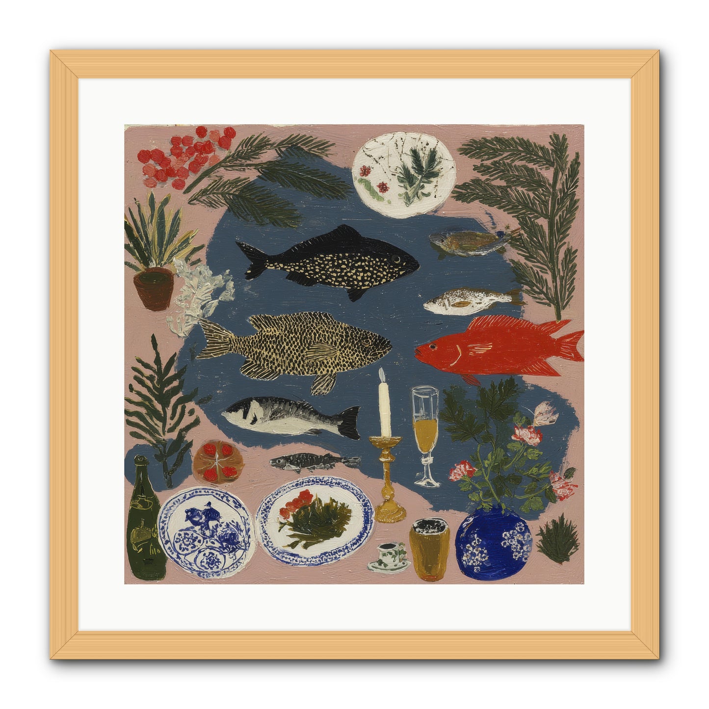The Underwater Supper -- Framed Print - Natural 20x20