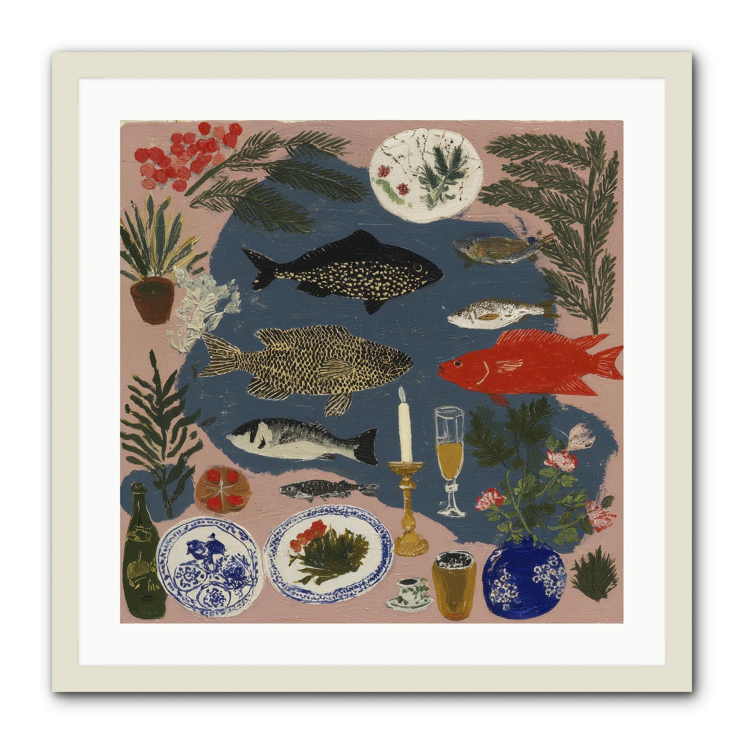 The Underwater Supper -- Framed Print - White 24x24