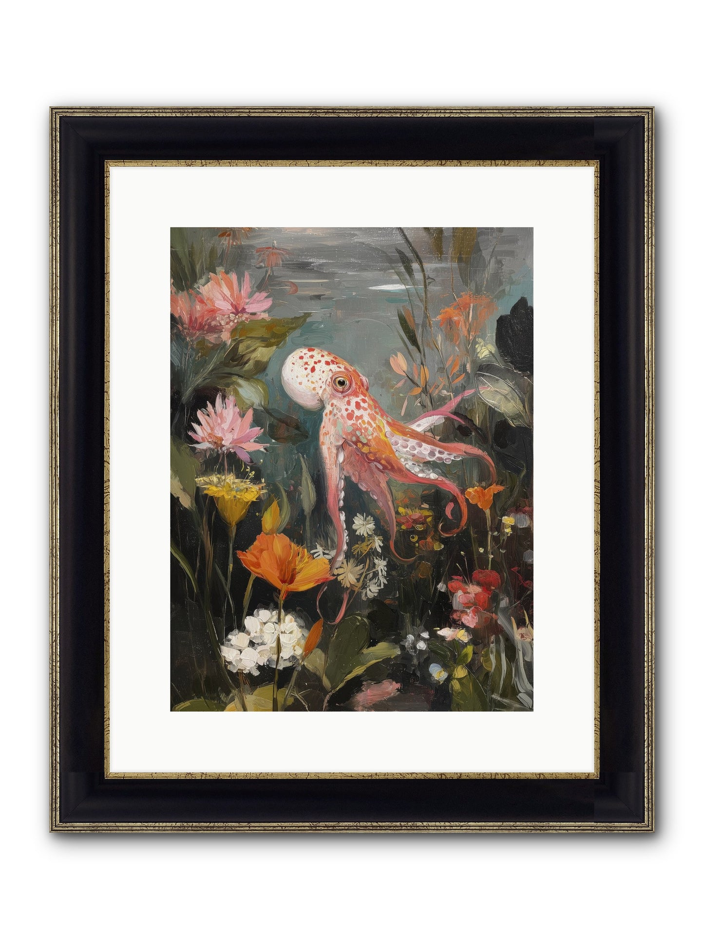 Awakened In Coral Framed Print - Black & Gold 12x16