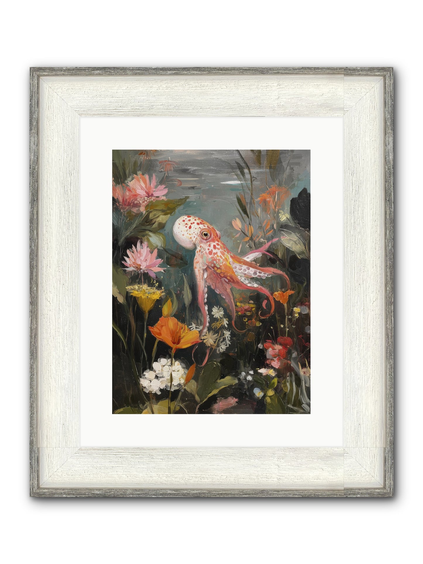 Awakened In Coral Framed Print - Driftwood White 12x16