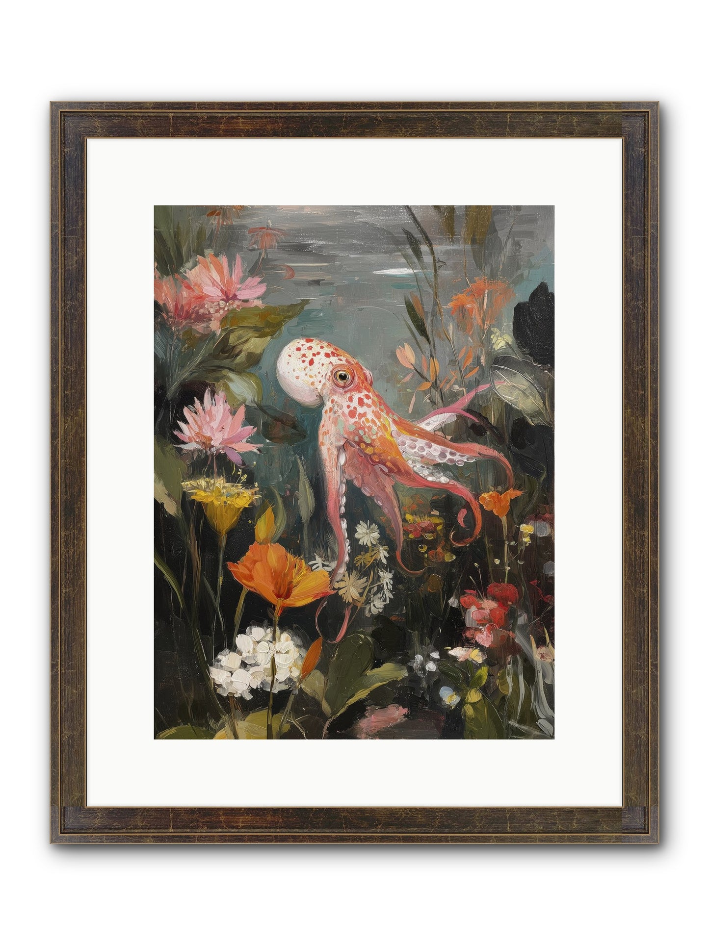 Awakened In Coral Framed Print - Slimwoods Black/Gold 12x16