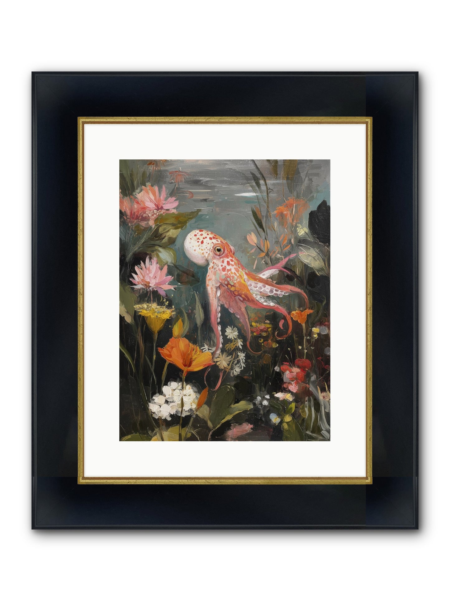 Awakened In Coral Framed Print - Wide Black w/Gold 12x16