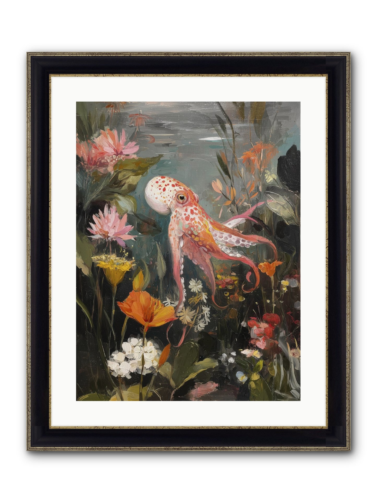 Awakened In Coral Framed Print - Black & Gold 18x24