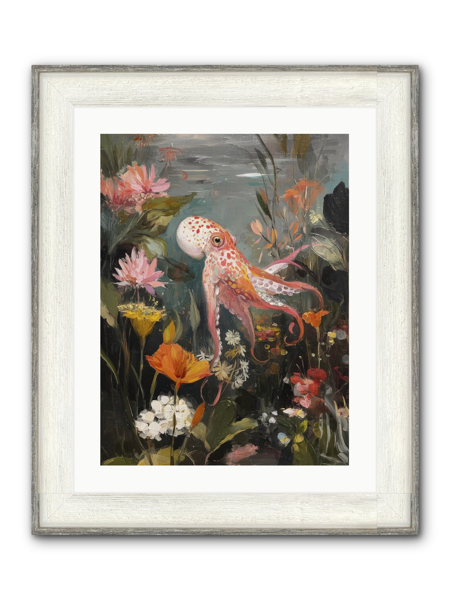 Awakened In Coral Framed Print - Driftwood White 18x24