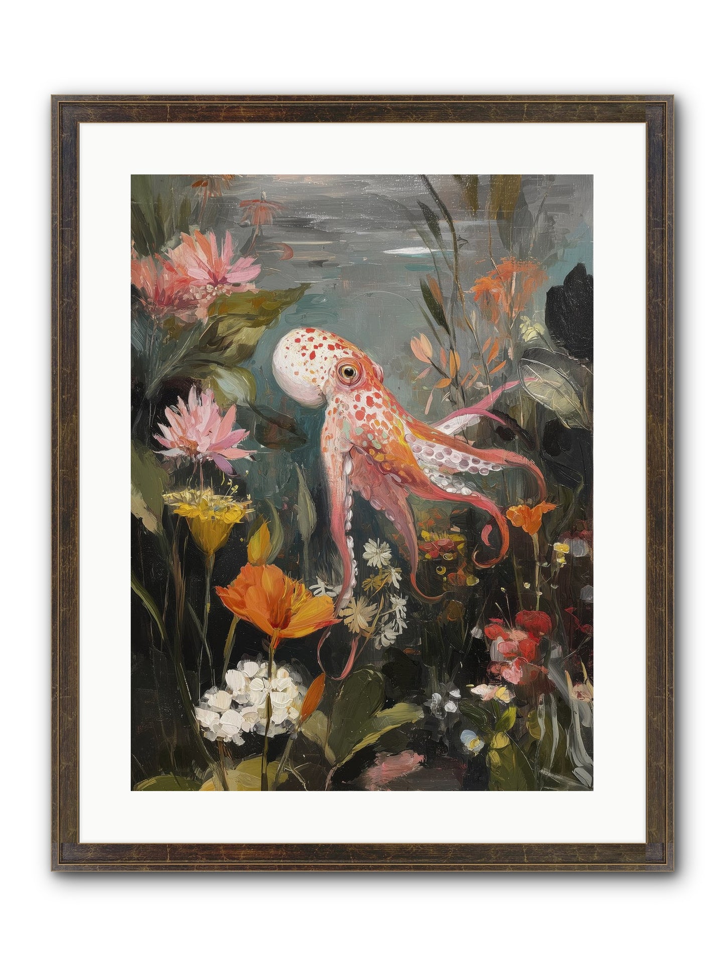 Awakened In Coral Framed Print - Slimwoods Black/Gold 18x24