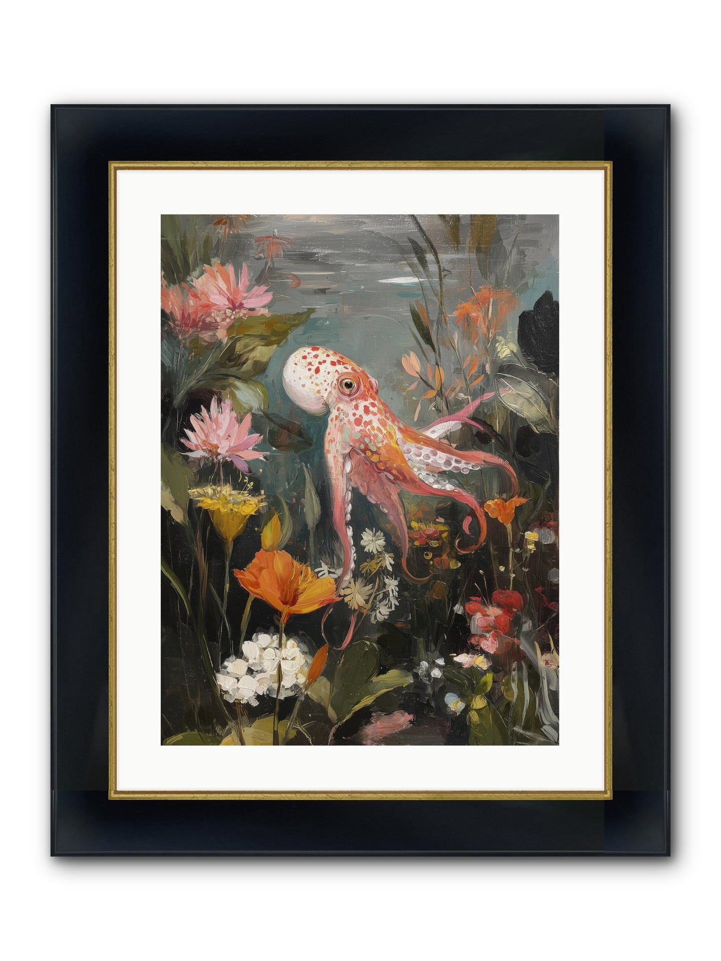 Awakened In Coral Framed Print - Wide Black w/Gold 18x24