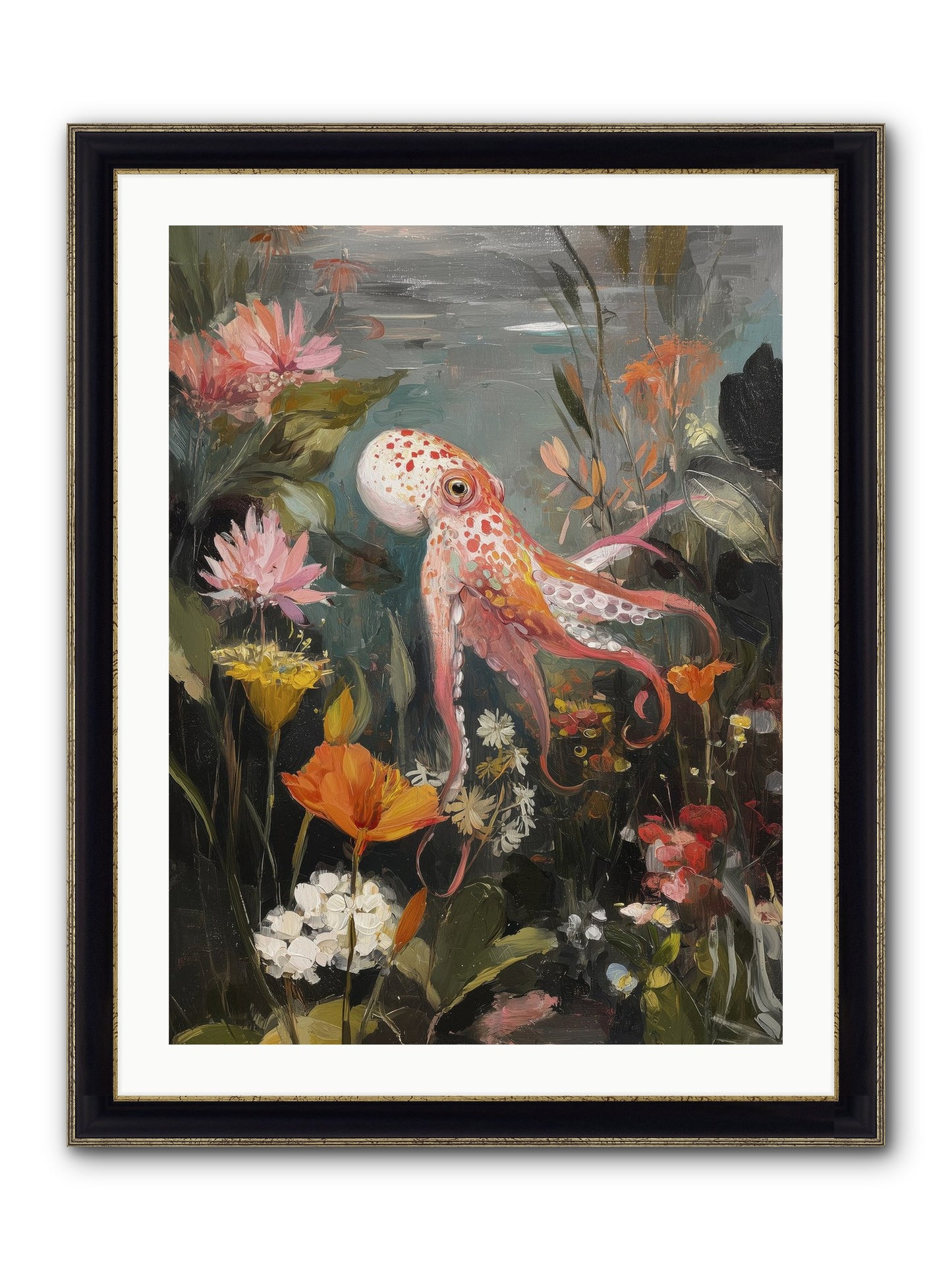 Awakened In Coral Framed Print - Black & Gold 24x32