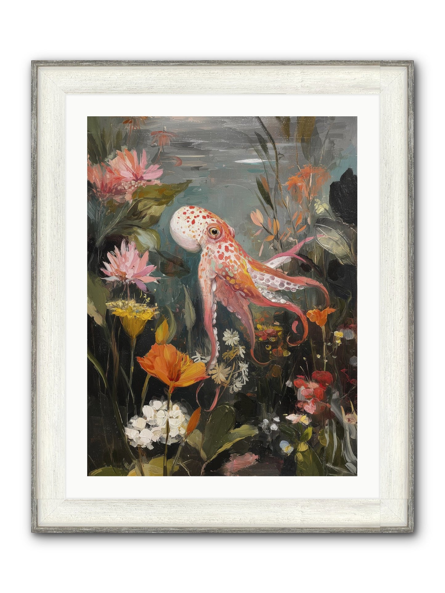 Awakened In Coral Framed Print - Driftwood White 24x32