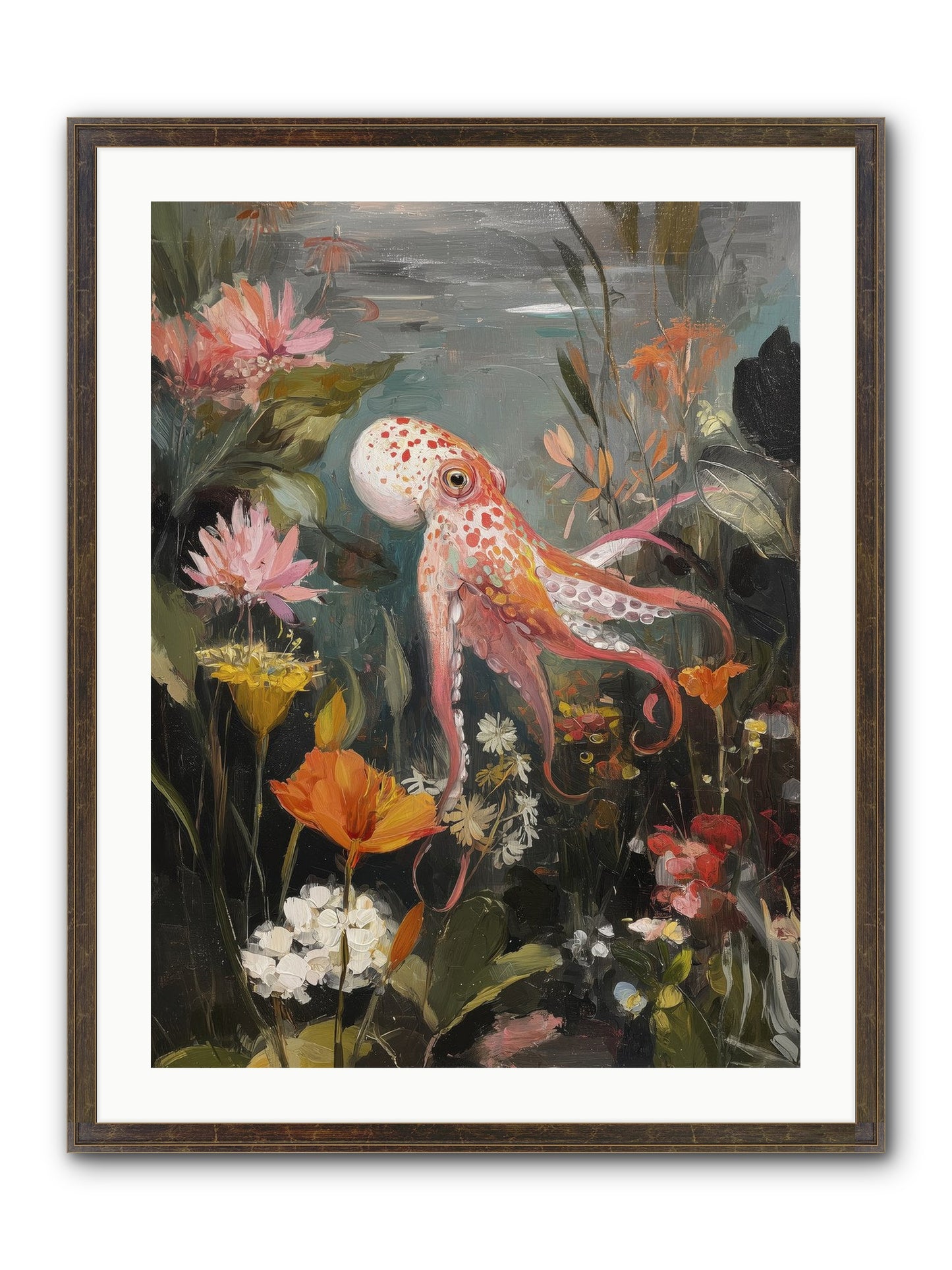Awakened In Coral Framed Print - Slimwoods Black/Gold 24x32