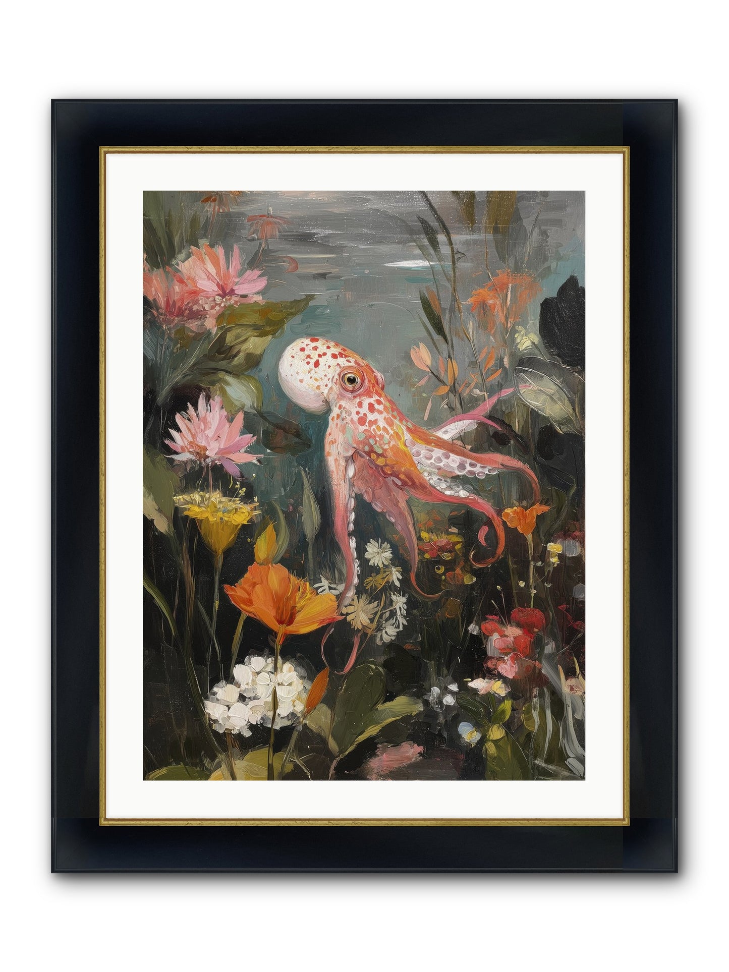 Awakened In Coral Framed Print - Wide Black w/Gold 24x32
