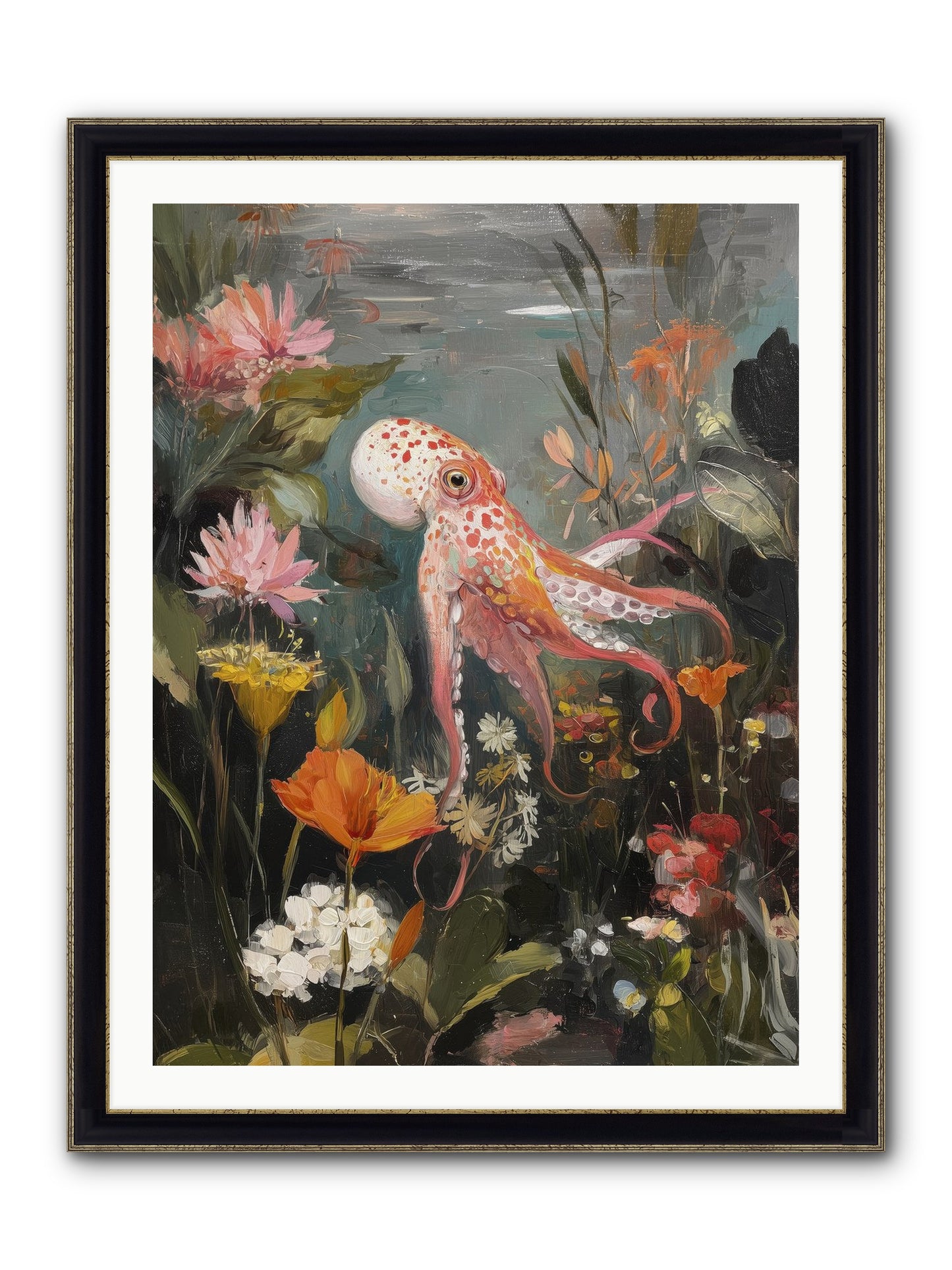 Awakened In Coral Framed Print - Black & Gold 30x40