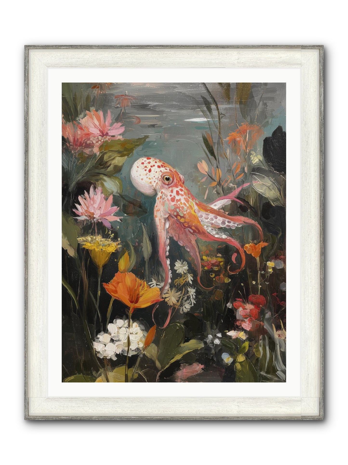 Awakened In Coral Framed Print - Driftwood White 30x40