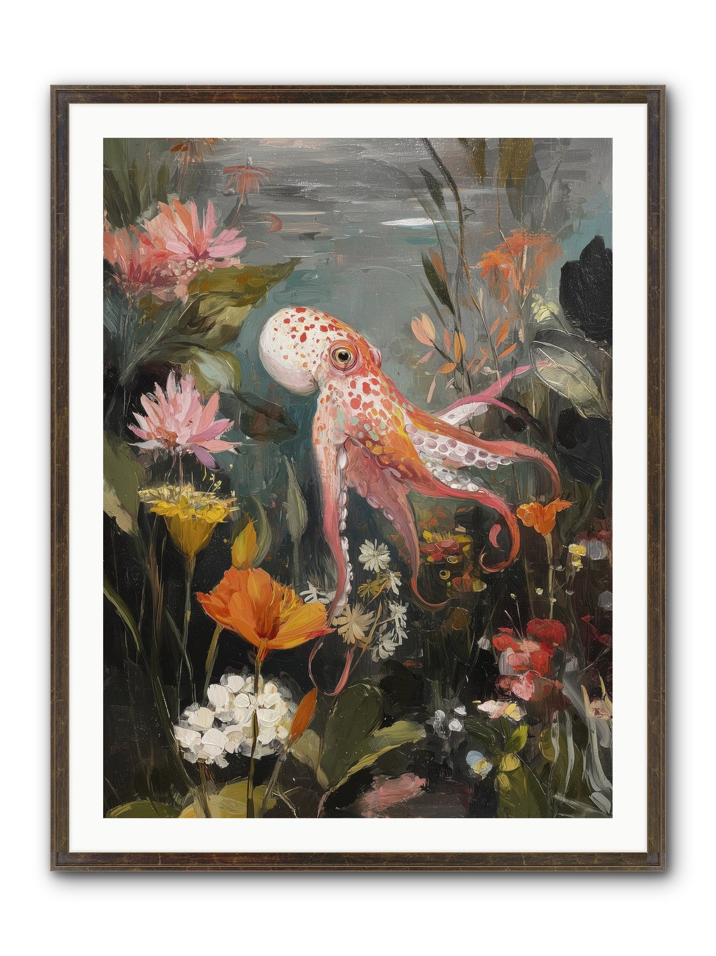 Awakened In Coral Framed Print - Slimwoods Black/Gold 30x40