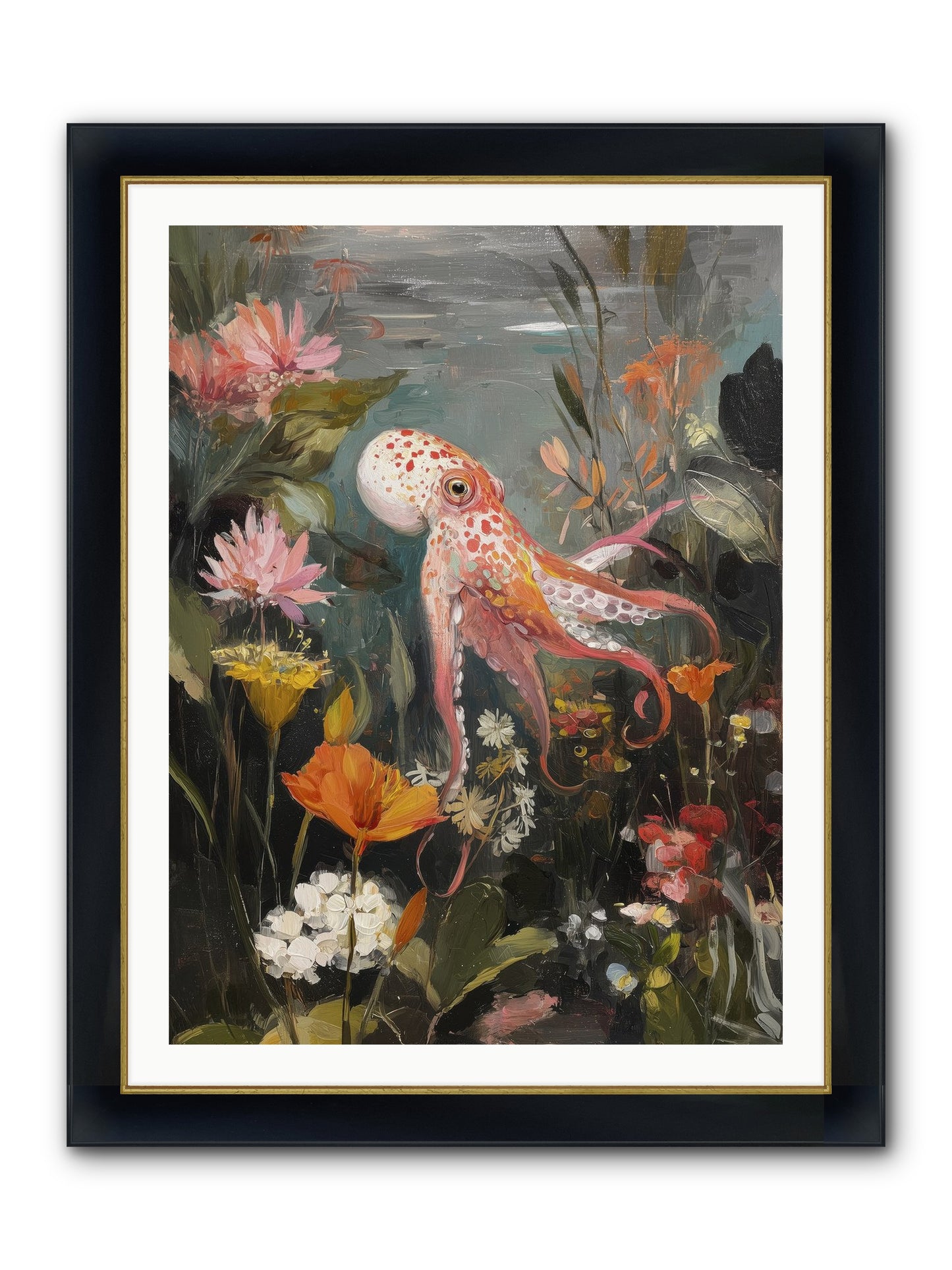 Awakened In Coral Framed Print - Wide Black w/Gold 30x40