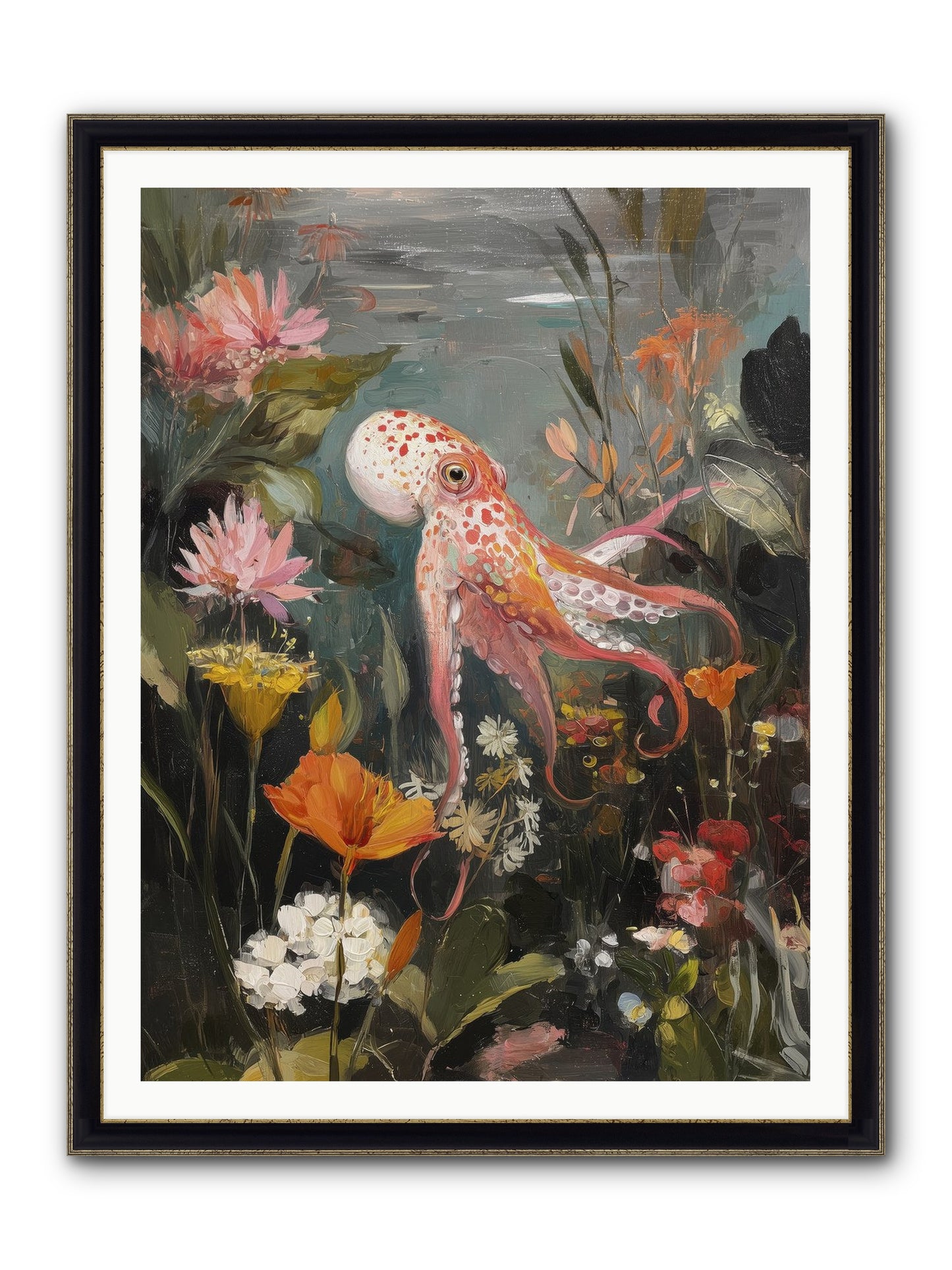 Awakened In Coral Framed Print - Black & Gold 36x48