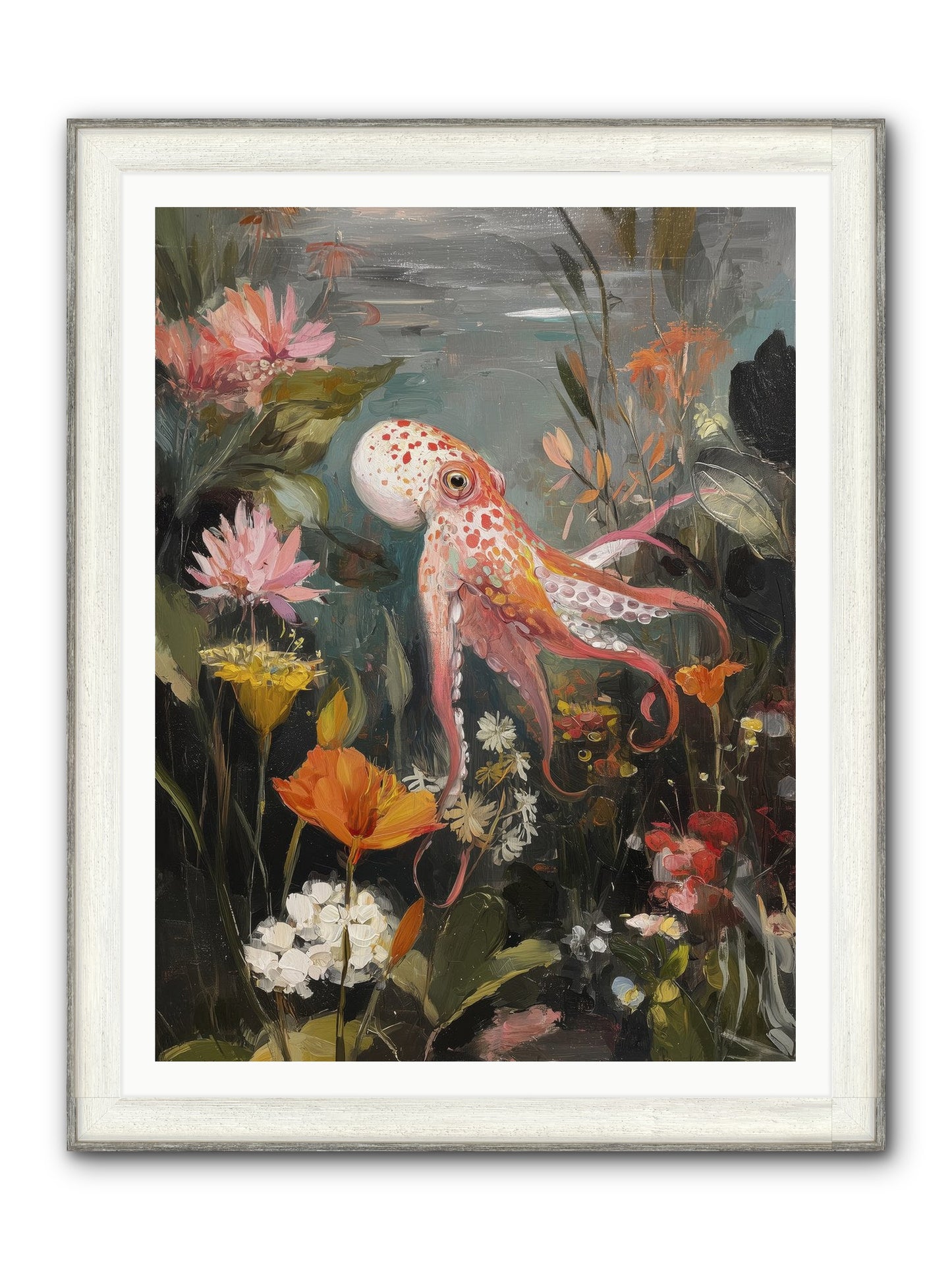 Awakened In Coral Framed Print - Driftwood White 36x48
