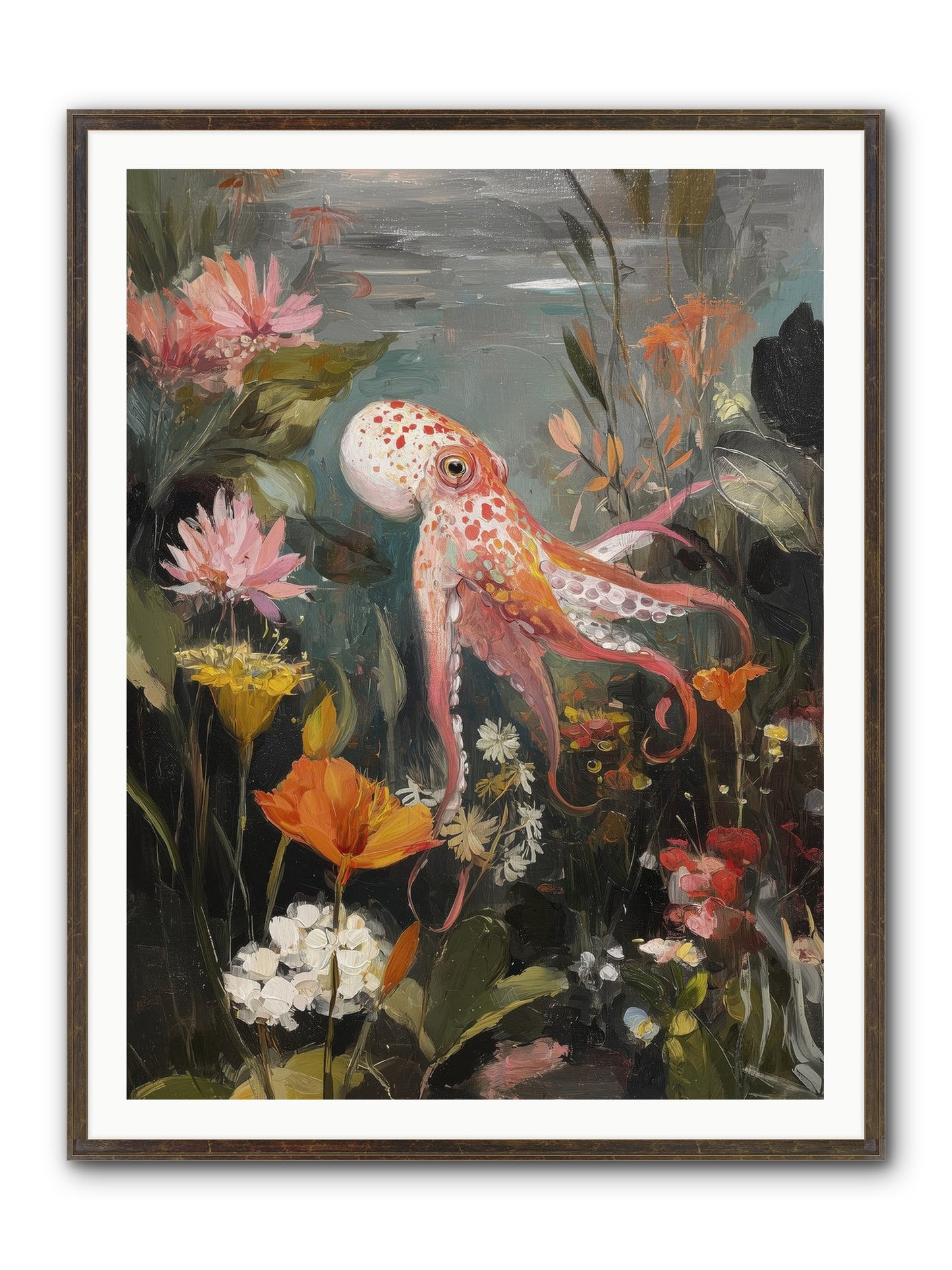 Awakened In Coral Framed Print - Slimwoods Black/Gold 36x48