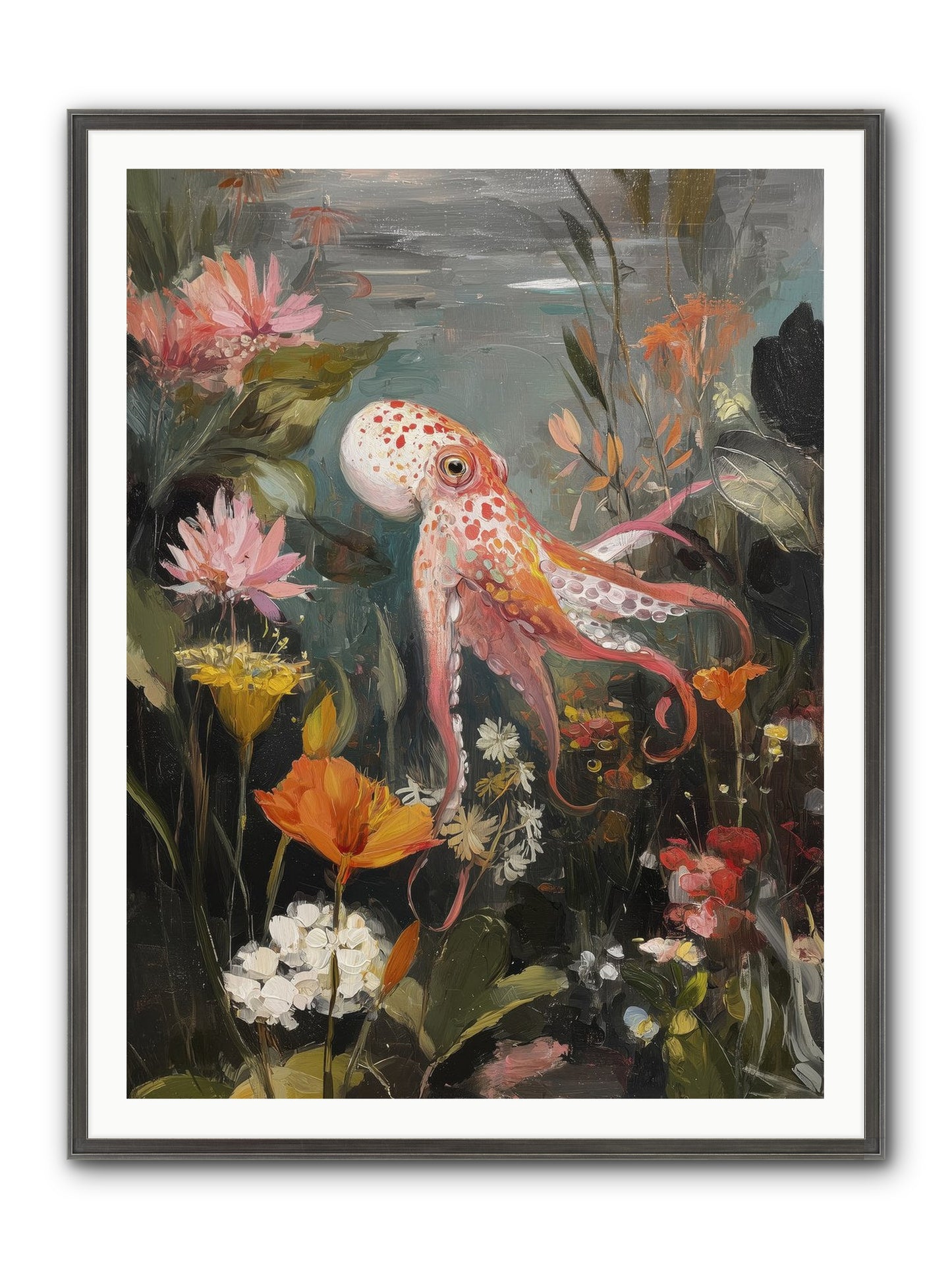 Awakened In Coral Framed Print - Slimwoods Black/Silver 36x48